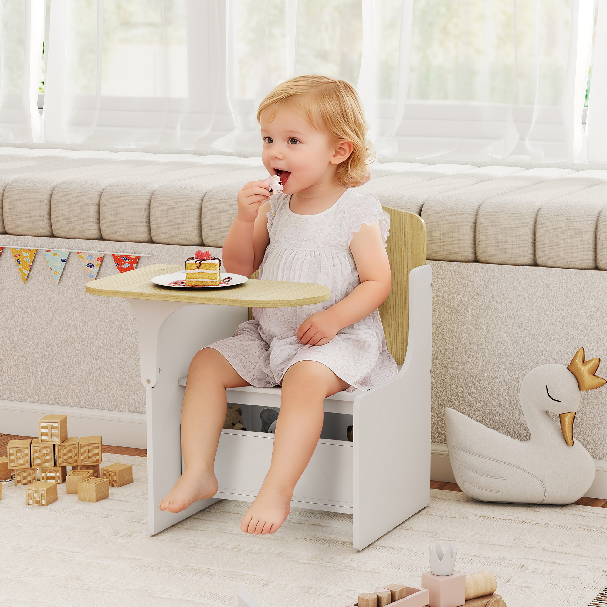 AIYAPLAY Schreibtisch und Stuhl für Kinder mit Aufbewahrungsfach, 2-in-1 Aktivitätstisch-Set zum Malen, Lesen und Spielen, für 3–5 Jahre, Weiß   Aosom