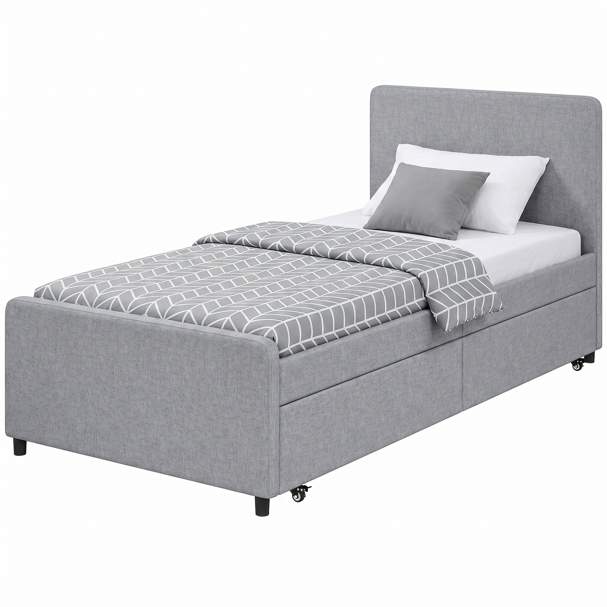 HOMCOM Lit gigogne 90 x 190 cm, cadre de lit simple/double avec sommier à lattes en bois, tête et pied rembourrés, gris clair