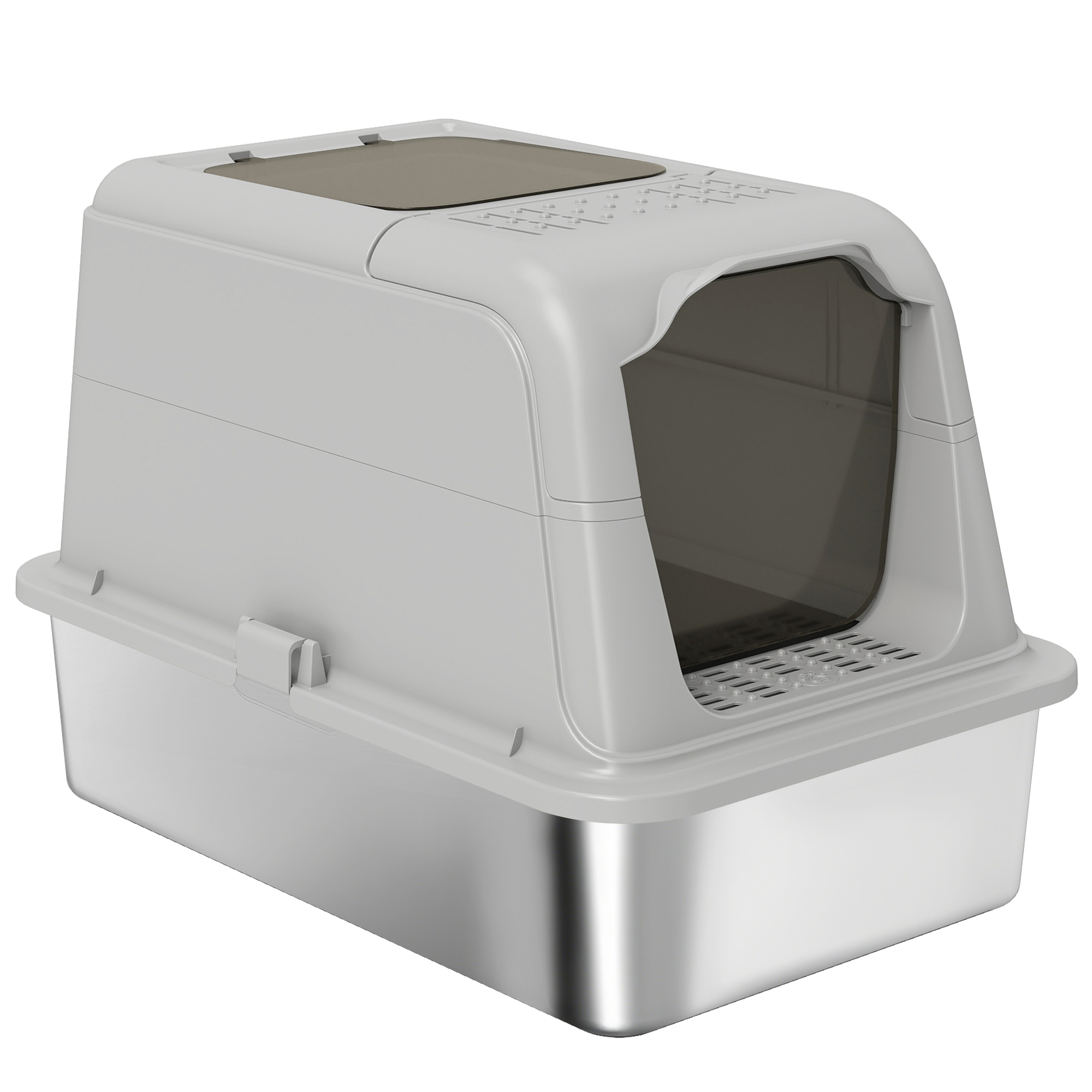 PawHut Maison de Toilette pour Chat Bac à Litière Fermé Bac Acier Inoxydable, Nettoyage Facile, 60,4x40,4x41,8cm, Gris Clair