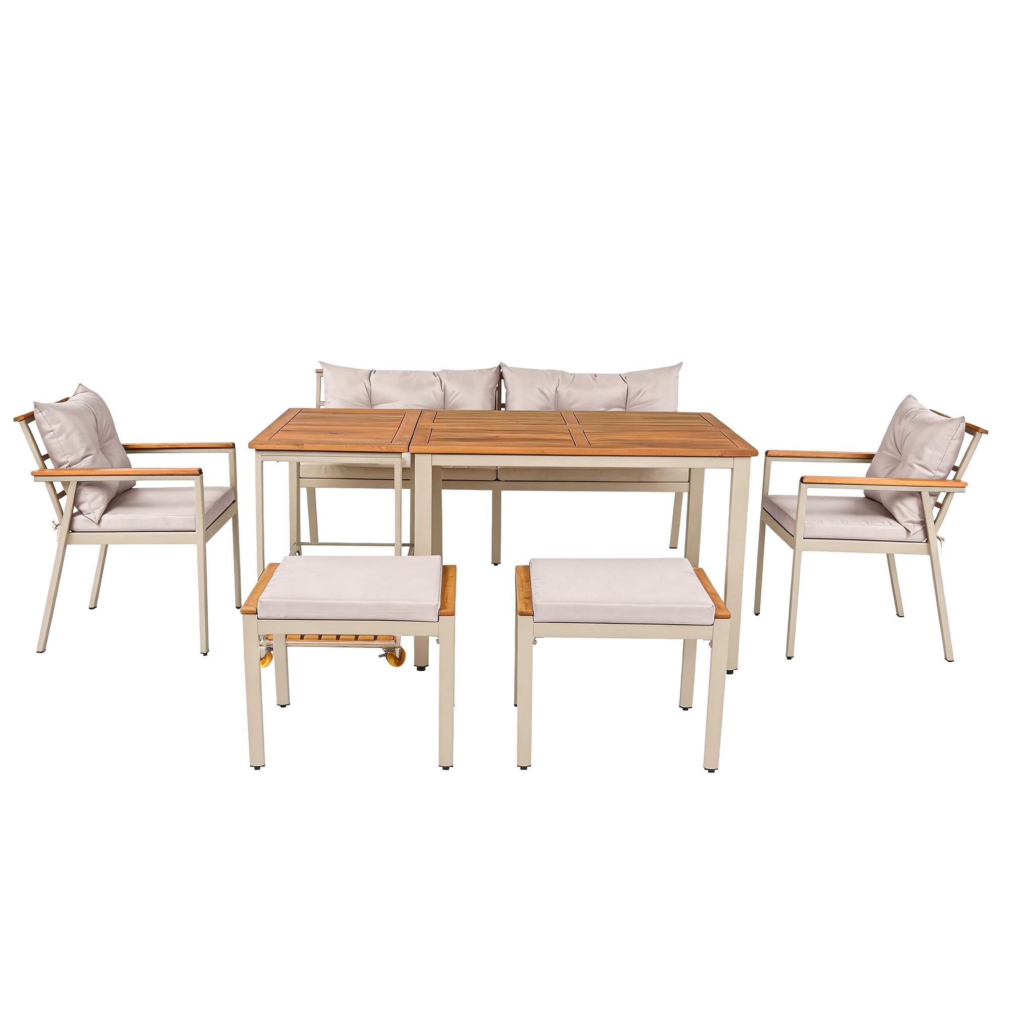 Set de mesa y sillas de comedor de jardín para 6-7 plazas, muebles de jardín con sillones y carrito de comedor desmontable, Beige+Color natural | Aosom España