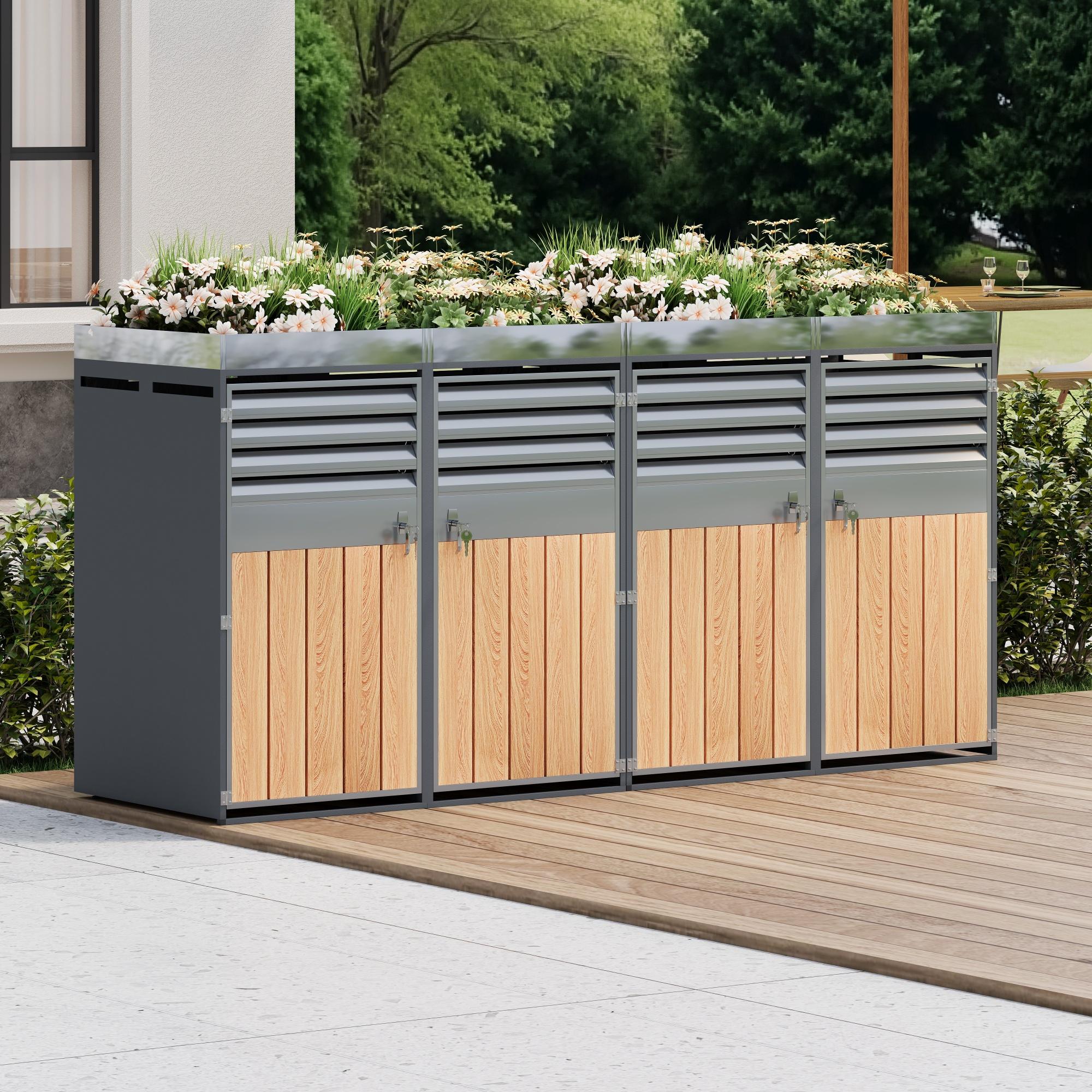 Lockable Bin Storage Unit with Integrated Planter, Durable Trash Can Shed with Corrosion-Resistant Frame, 264L x 80W x 124.5H cm, Grey+Wood   Aosom UK