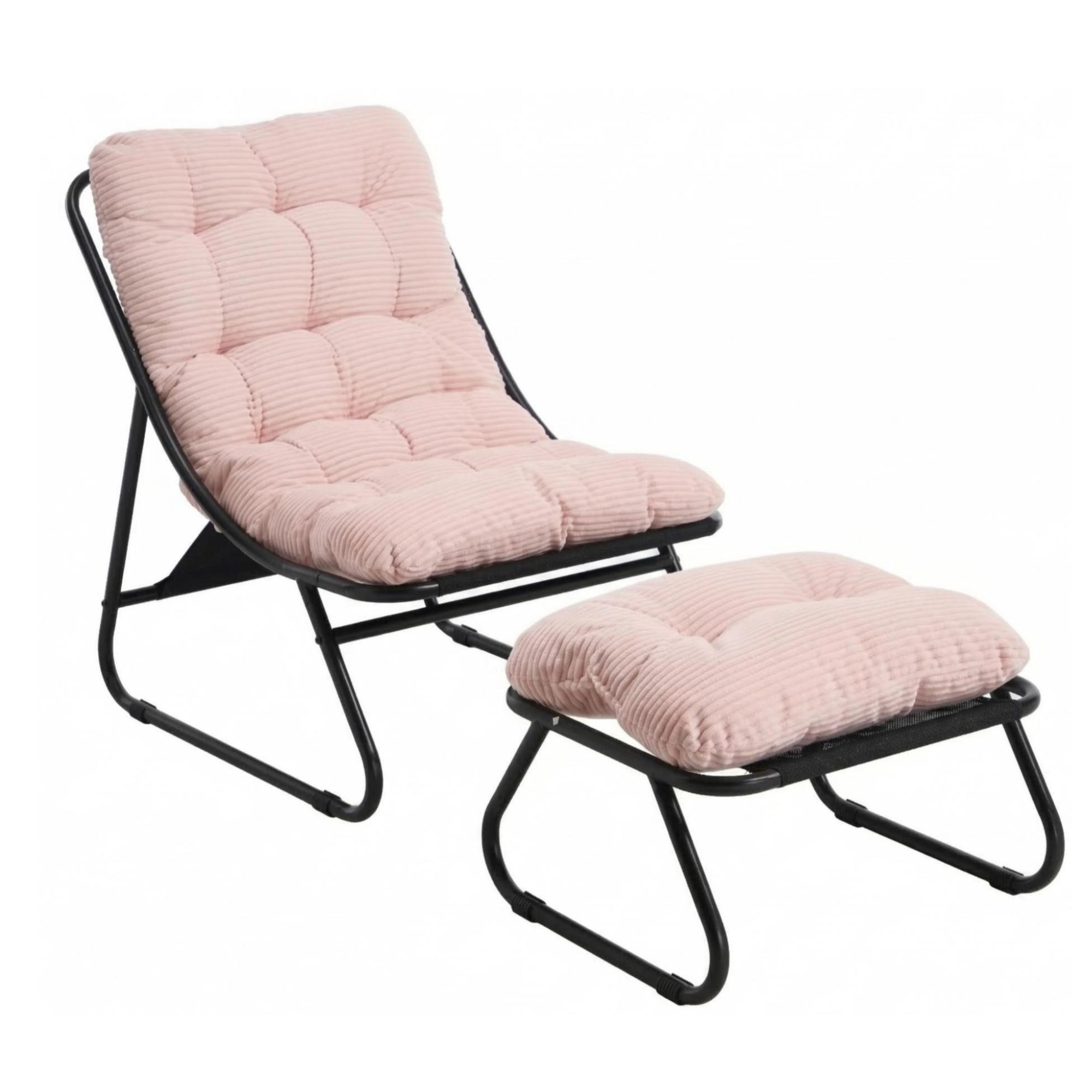 Sillón lounge de exterior con otomana, cojín acolchado, tejido sling, estructura de acero, Rosa | Aosom España