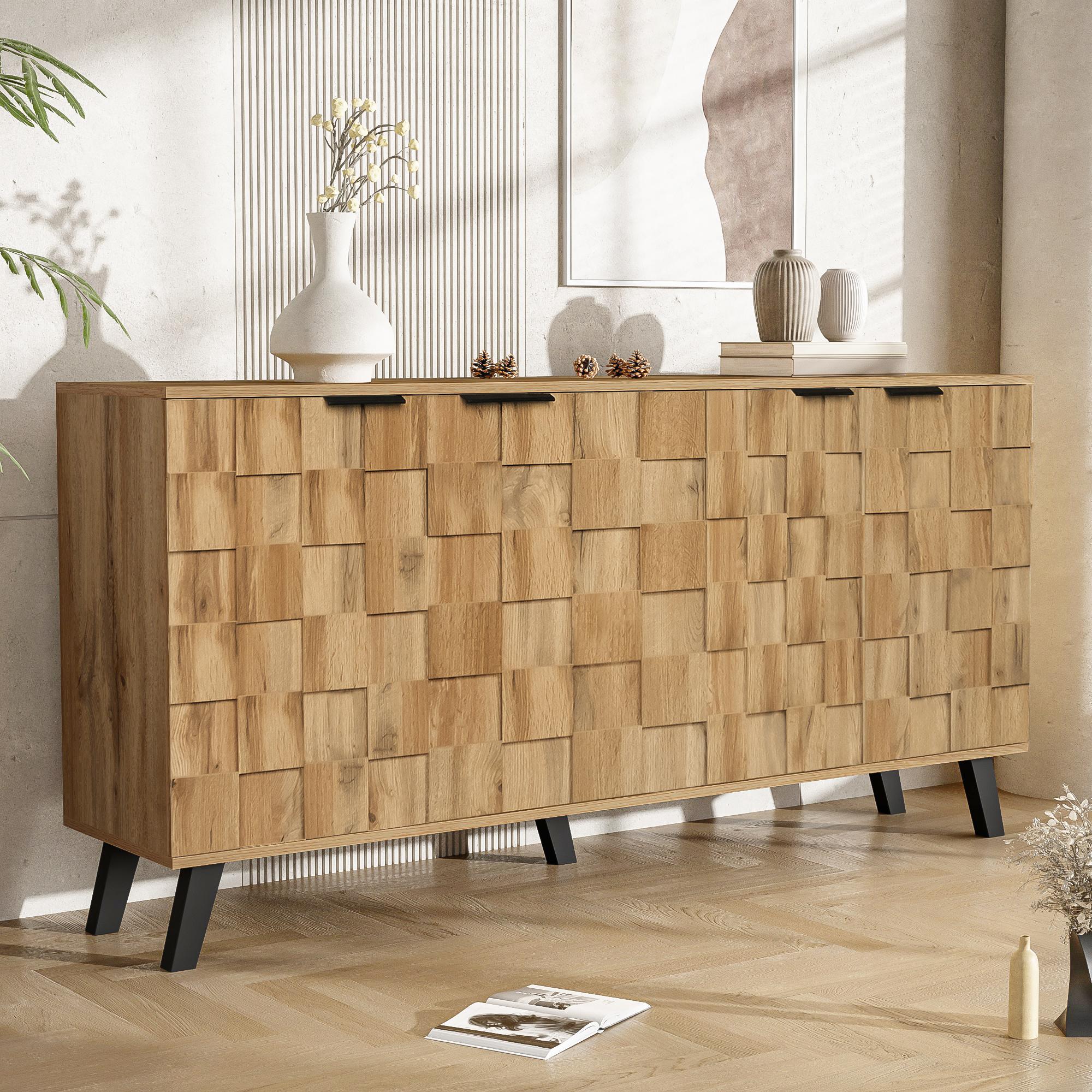 Modern Sideboard with Matt Handles and Sturdy Legs, Durable Storage Cabinet with Adjustable Shelves, 150L x 35W x 78H cm, Wood   Aosom UK