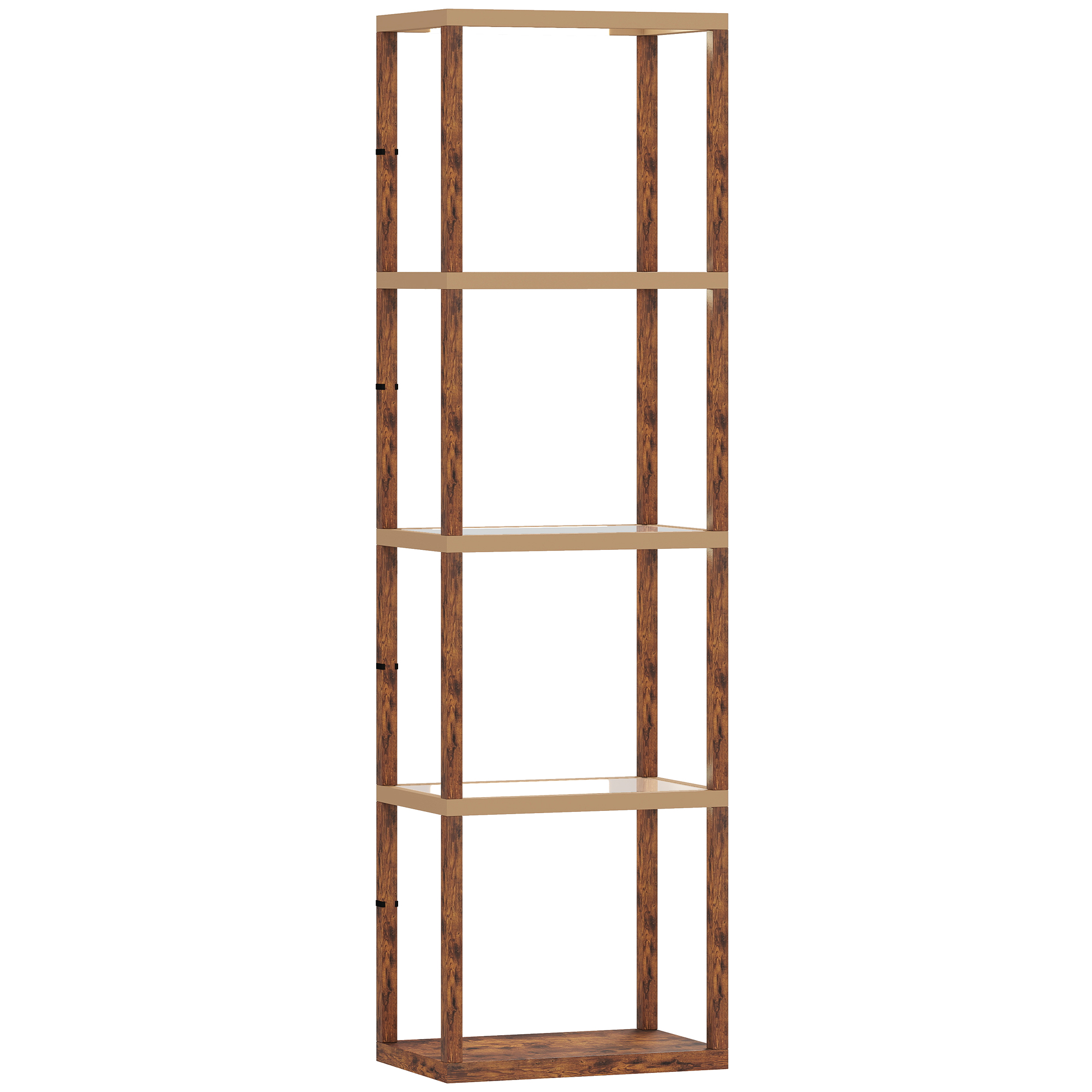 Homcom Rustic Brown Led Floor Lamp With Glass Shelves, 4 Layers Dimmable Tall Standing Lamp, Modern Column Shelf Floor Light For Living Room, Bedroom, Office,