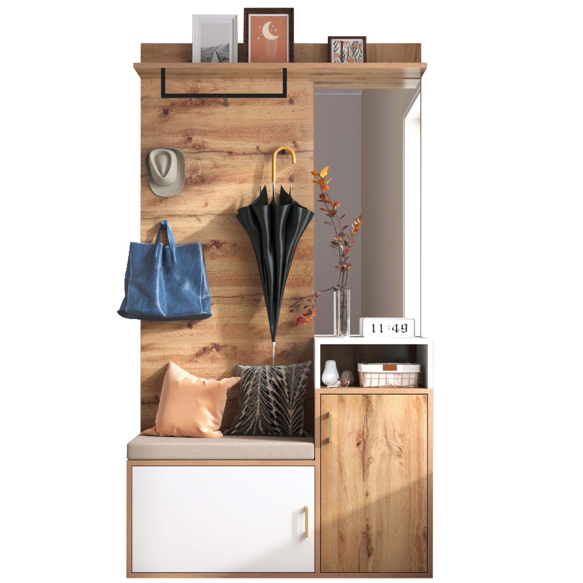 Conjunto para recibidor con espejo, banco, 2 compartimentos para zapatos, ganchos y barra para abrigos, 105x40x190,5 cm, Blanco+Color natural | Aosom España