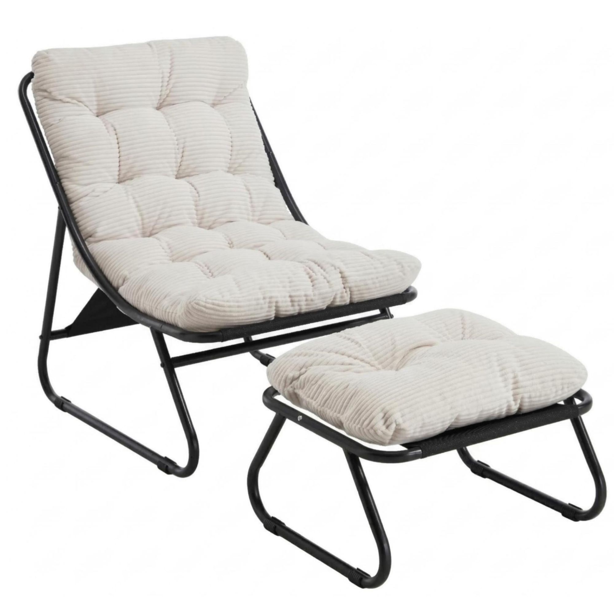 Sillón lounge de exterior con otomana, cojín acolchado, tejido sling, estructura de acero, Blanco | Aosom España