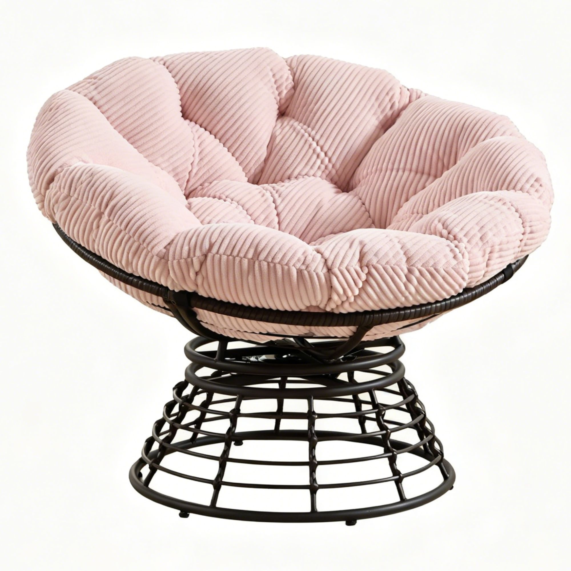 Sillón Papasan, 360° giratorio, cojín grueso(tela de pana), estructura de acero, 92x92x67 cm, Rosa | Aosom España