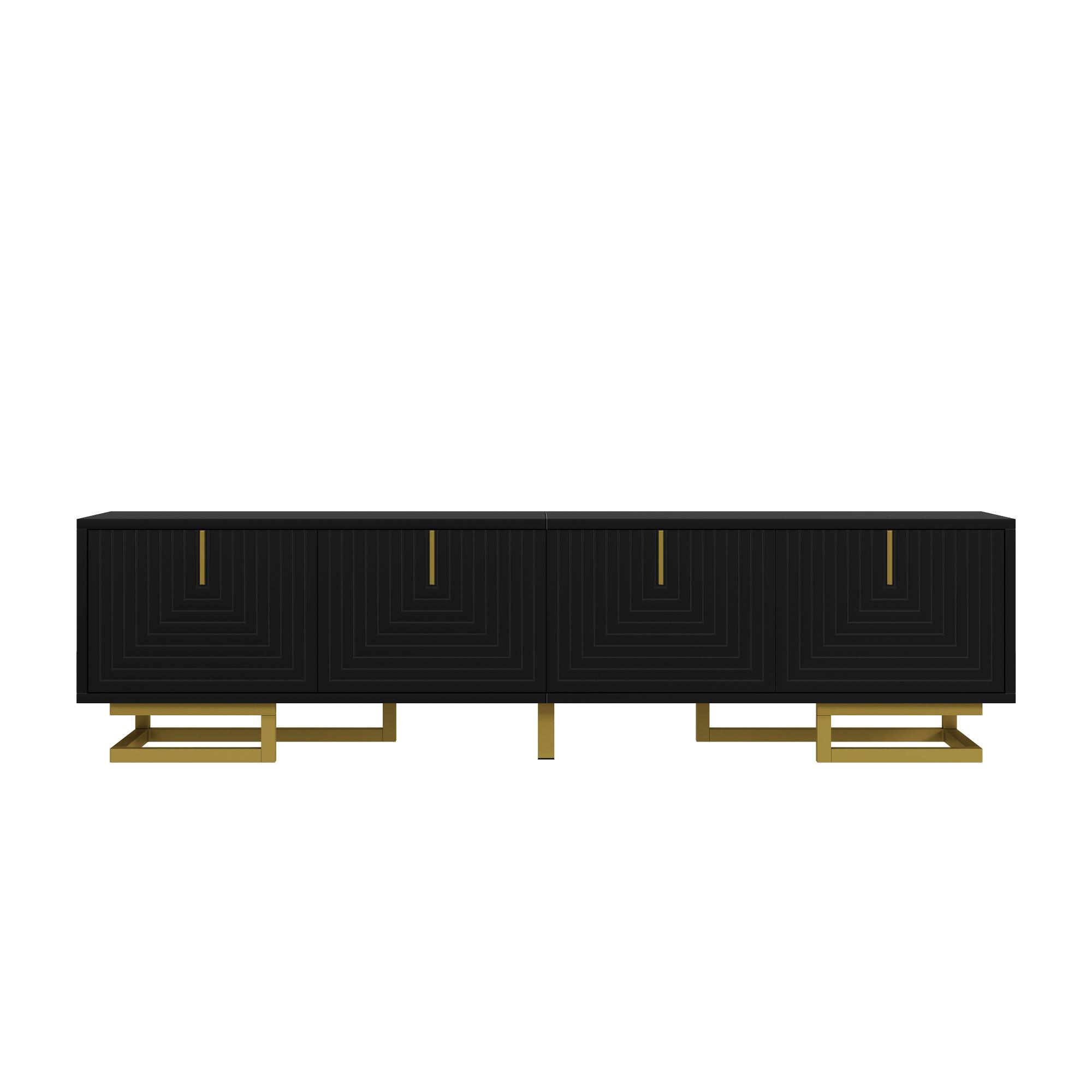 Stylish TV Cabinet with Textured Doors Metallic Handles, Elegant TV Stand with Integrated Shelves, 160L x 38W x 44.5H cm, Black   Aosom UK