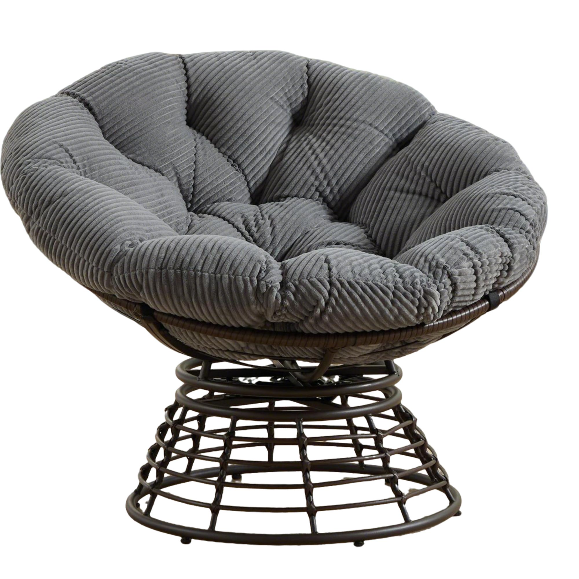 Sillón Papasan, 360° giratorio, cojín grueso(tela de pana), estructura de acero, 92x92x67 cm, Gris | Aosom España