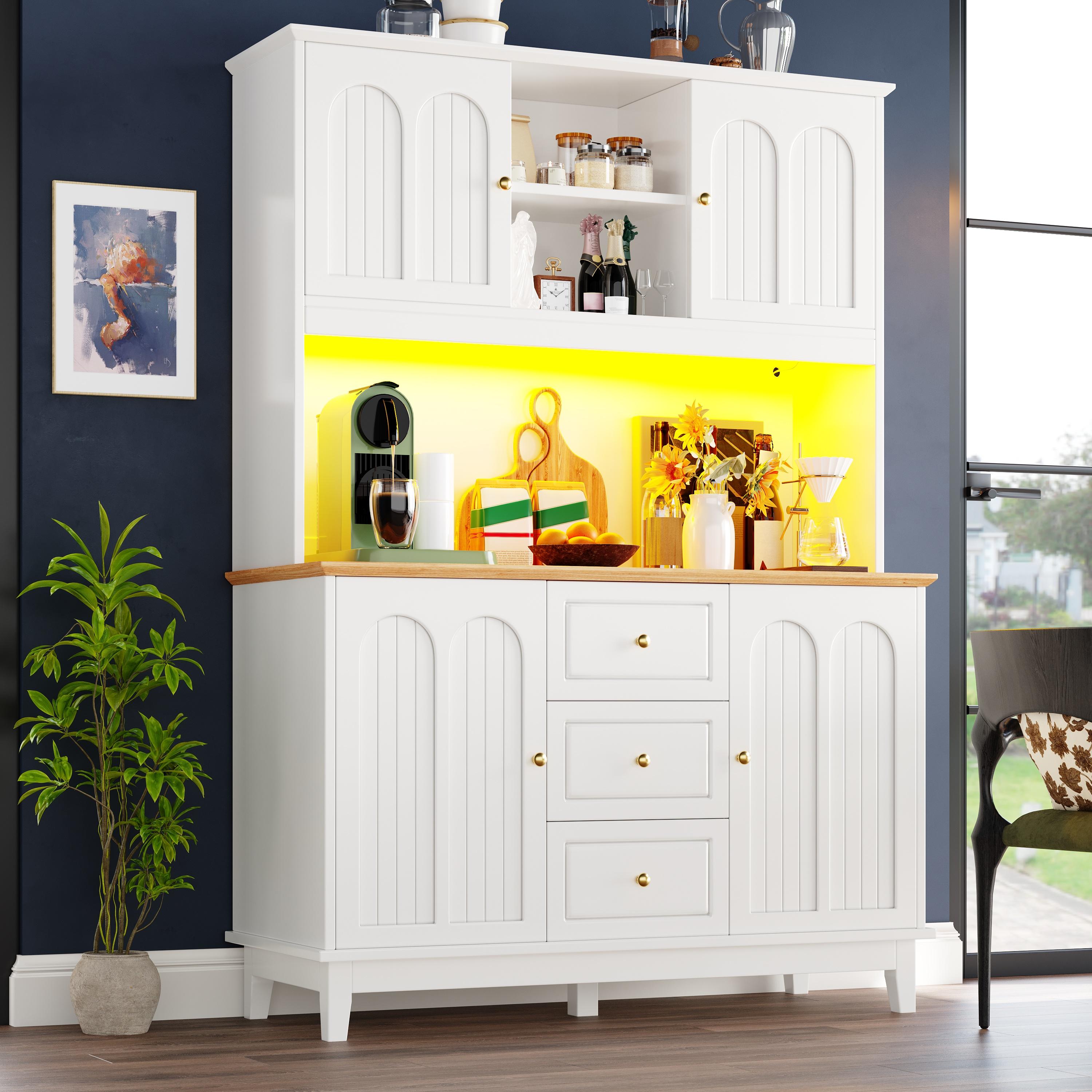 Smart Pantry Cabinet with App-Controlled LED Lights, Modern Kitchen Pantry with Spacious 3-Drawer Storage, 120L x 40W x 180H cm, White   Aosom UK
