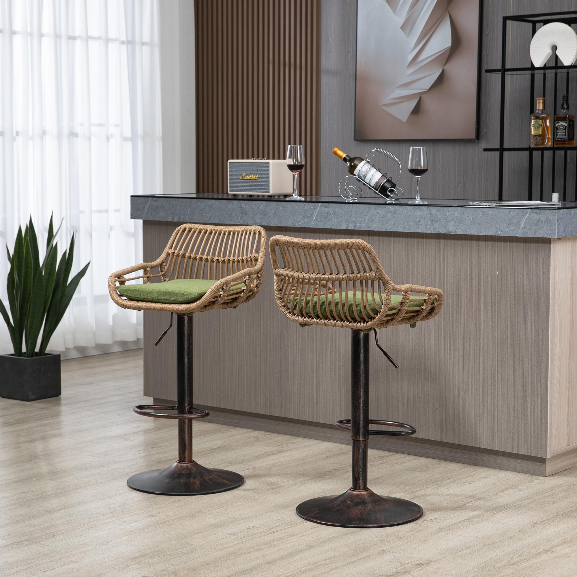 Set of 2 Swivel Bar Stools with Padded Linen Seat, Height-Adjustable Counter Chairs with Metal Disc Base, 48L x 49W x 109H cm, Green   Aosom UK