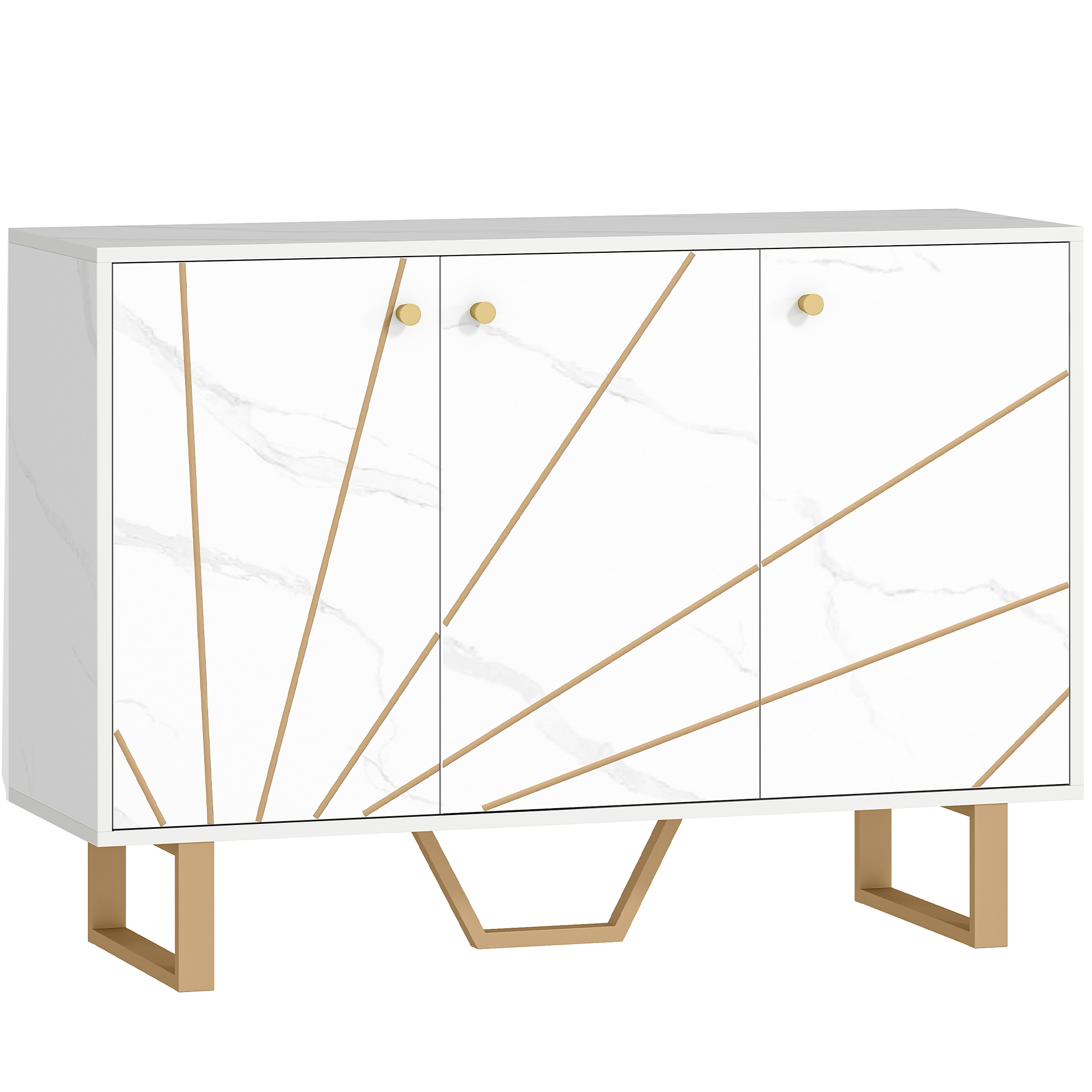 HOMCOM Sideboard Aufbewahrungsschrank mit 2 Schrankfächern, 3 Türen und verstellbarem Einlegeboden, Metallfüße - Abm. 107L x 35l x 75H cm, Marmorweiß-Optik Aosom