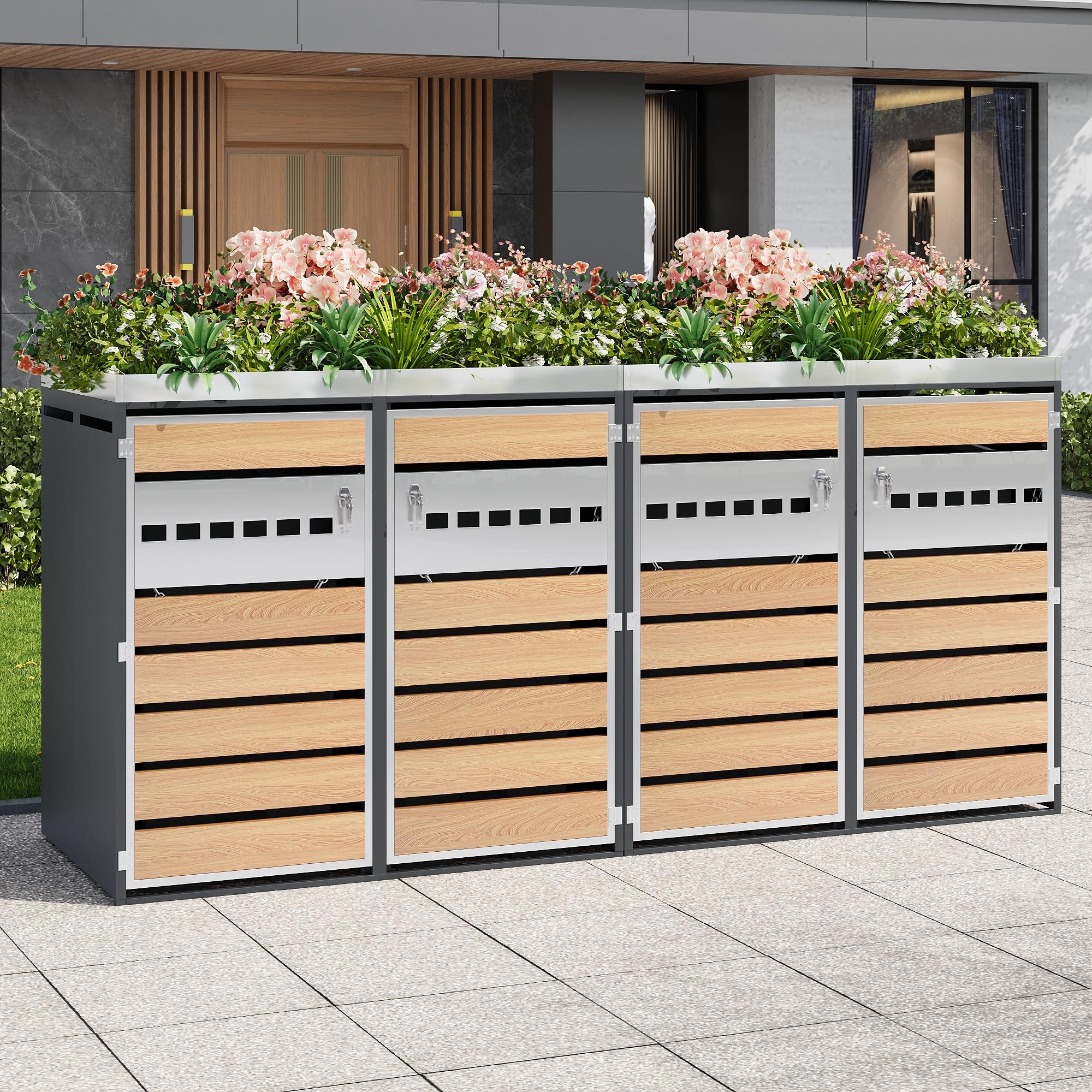 4-Compartment Outdoor Bin Enclosure with Integrated Planter, Planter-Top Bin Storage with Lockable Doors, 264L x 80W x 124.5H cm, Grey+Wood   Aosom UK