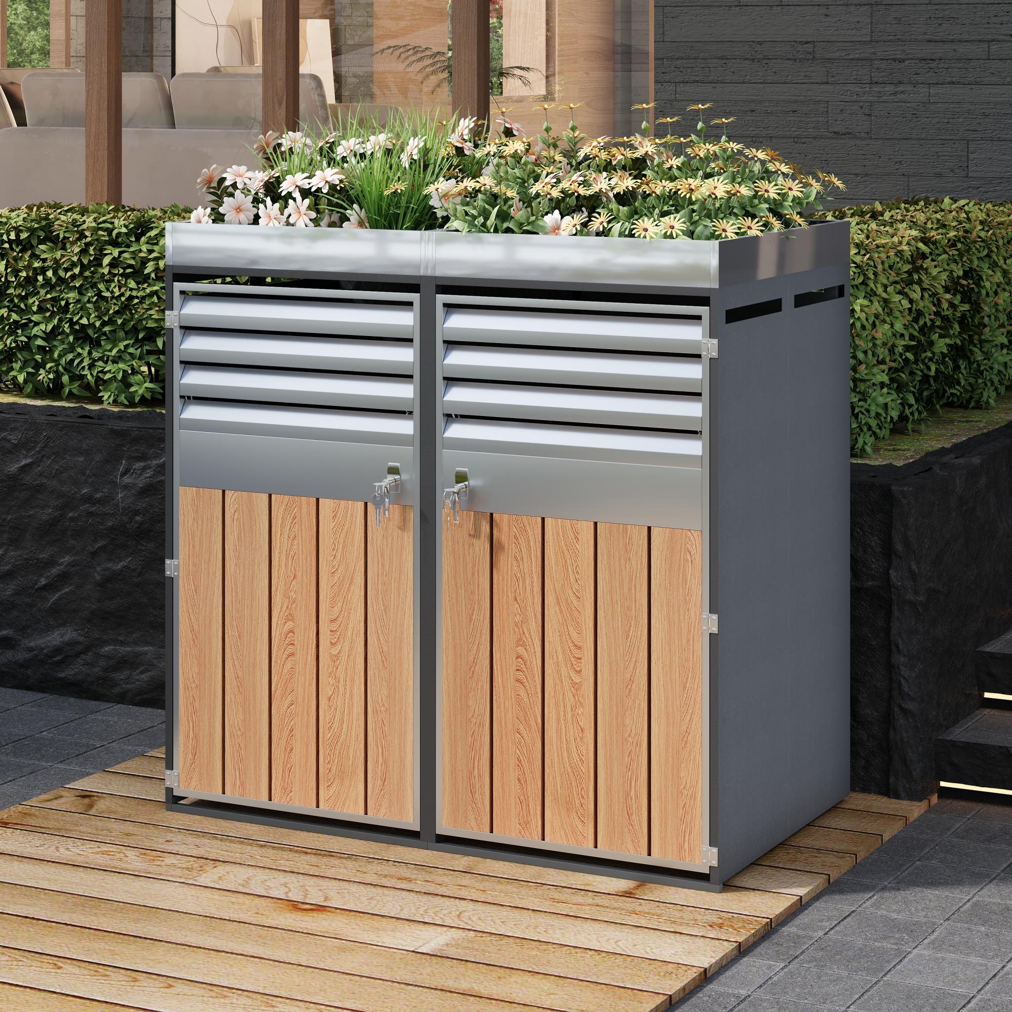 Pratical Bin Storage Unit with Built-In Planter, Double Bin Storage Shed with Galvanised Steel Frame, 132L x 80W x 124.5H cm, Grey+Wood   Aosom UK