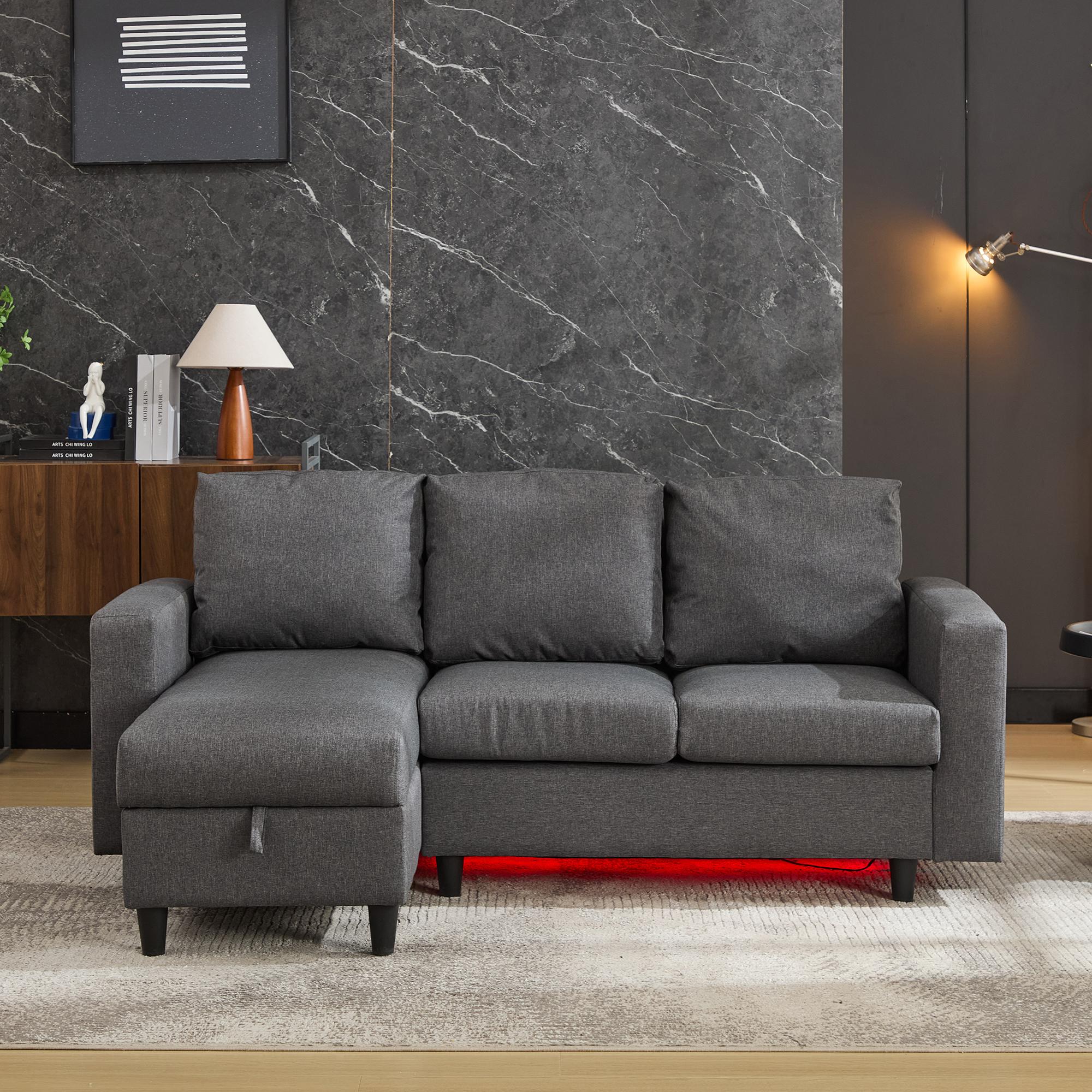 L-Shaped Corner Sofa with Hidden Storage and Side Pockets, Reversible Sectional Couch with Sturdy Wooden Frame, 180L x 120W x 72H cm, Gray   Aosom UK