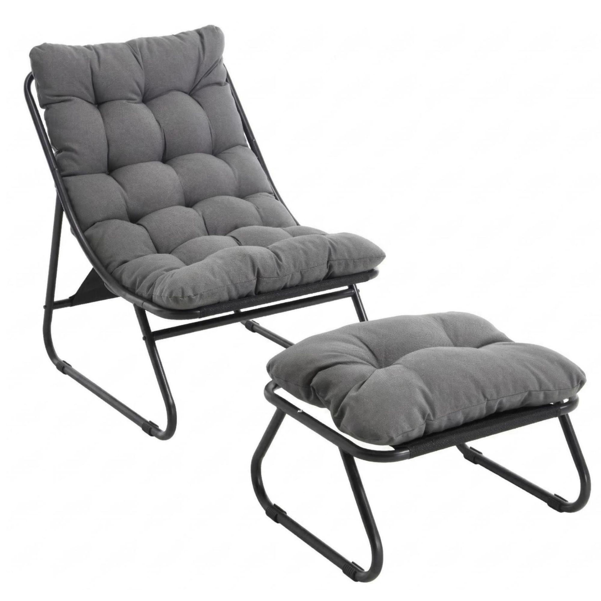 Sillón lounge de exterior con otomana, cojín acolchado, tejido sling, estructura de acero, Gris | Aosom España
