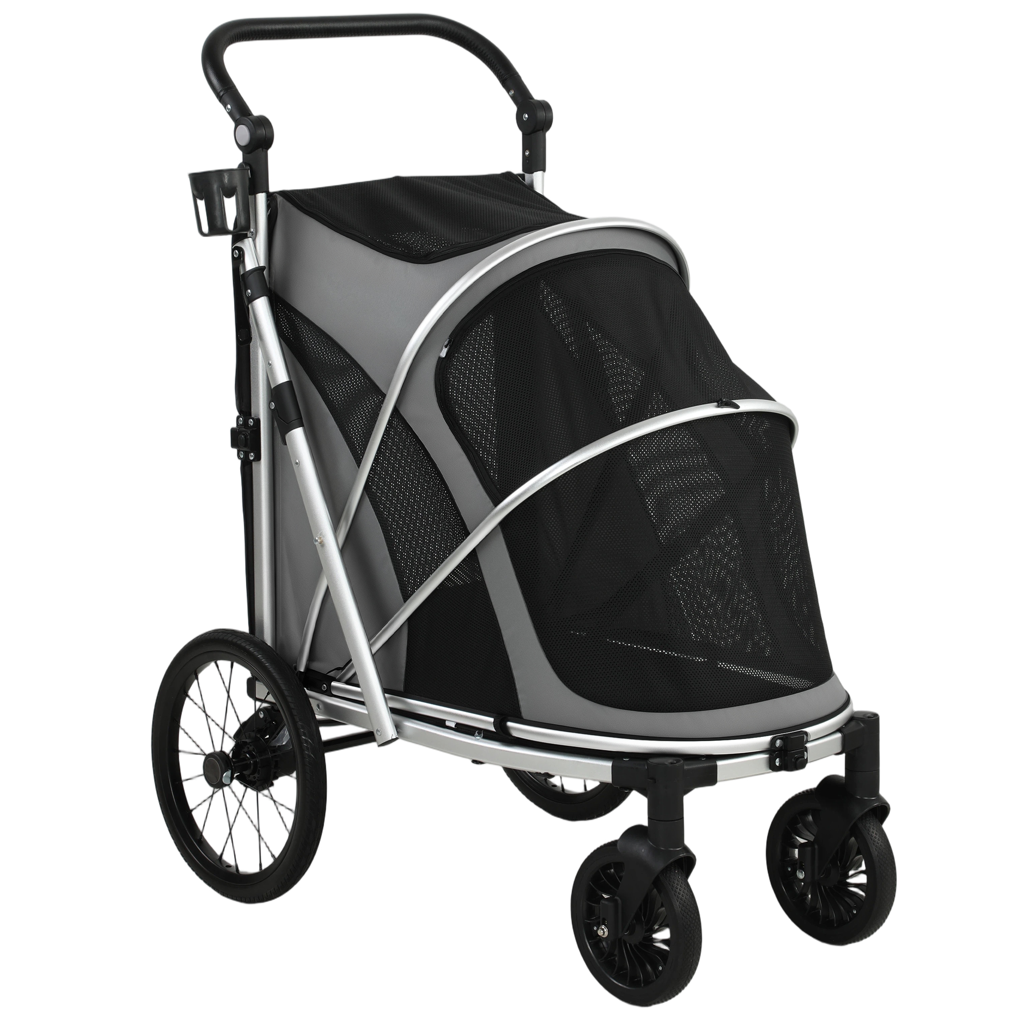 Pawhut Grey Dog Stroller, Easy Folding Pet Stroller For Small And Medium Dogs With Shock Absorption, Maximum Load 20 Kg,