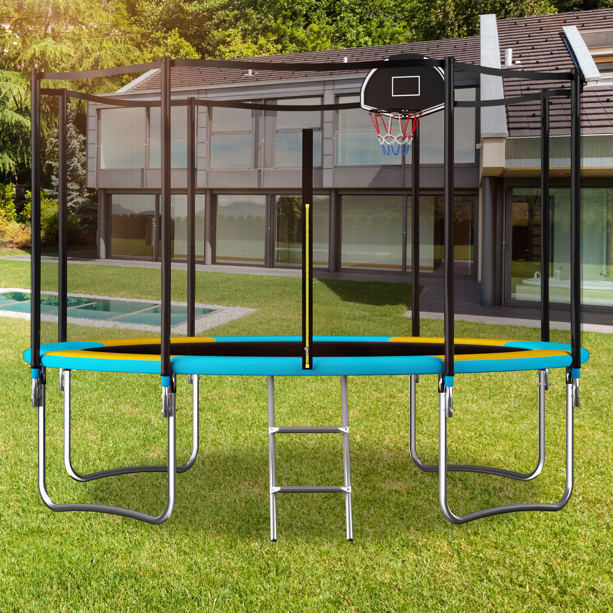 Outdoor Trampoline with Basketball Hoop and Safety Net, Heavy Duty Rebounder with Weatherproof Steel Frame, 366L x 366W x 76H cm, Blue   Aosom UK