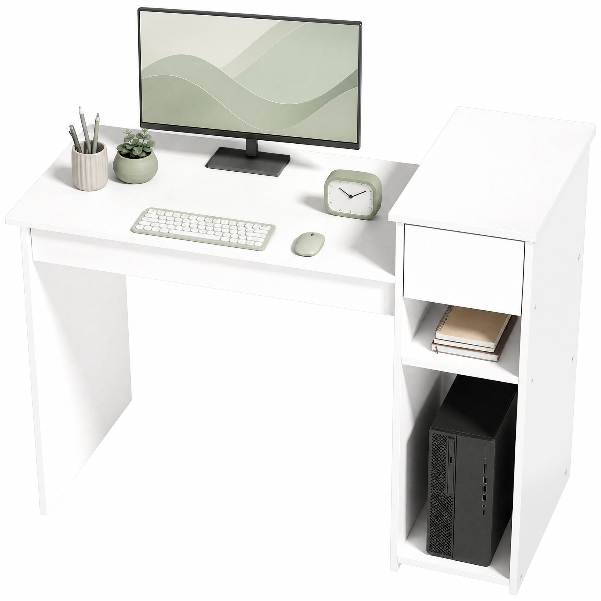 HOMCOM Bureau informatique avec tiroir et étagère, bureau d'ordinateur avec support d'unité centrale, 108 x 50 x 82 cm, blanc