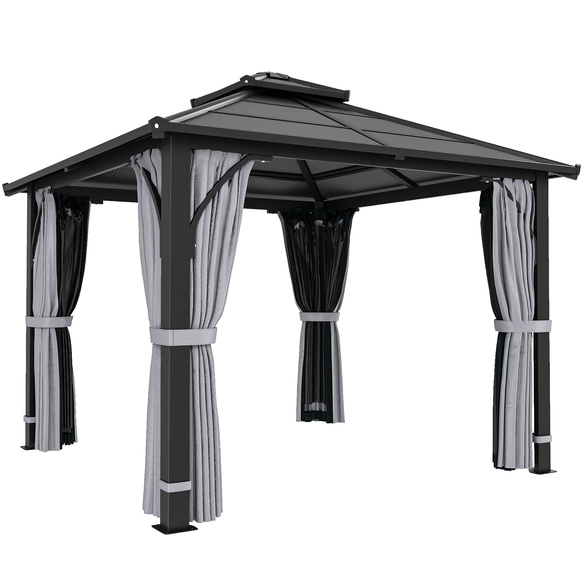 Outsunny 3 x 3(m) Hardtop Gazebo Canopy with Roof, Garden Gazebo Permanent Pavilion with Mosquito Netting and Curtains for Patio, Deck, Dark Grey