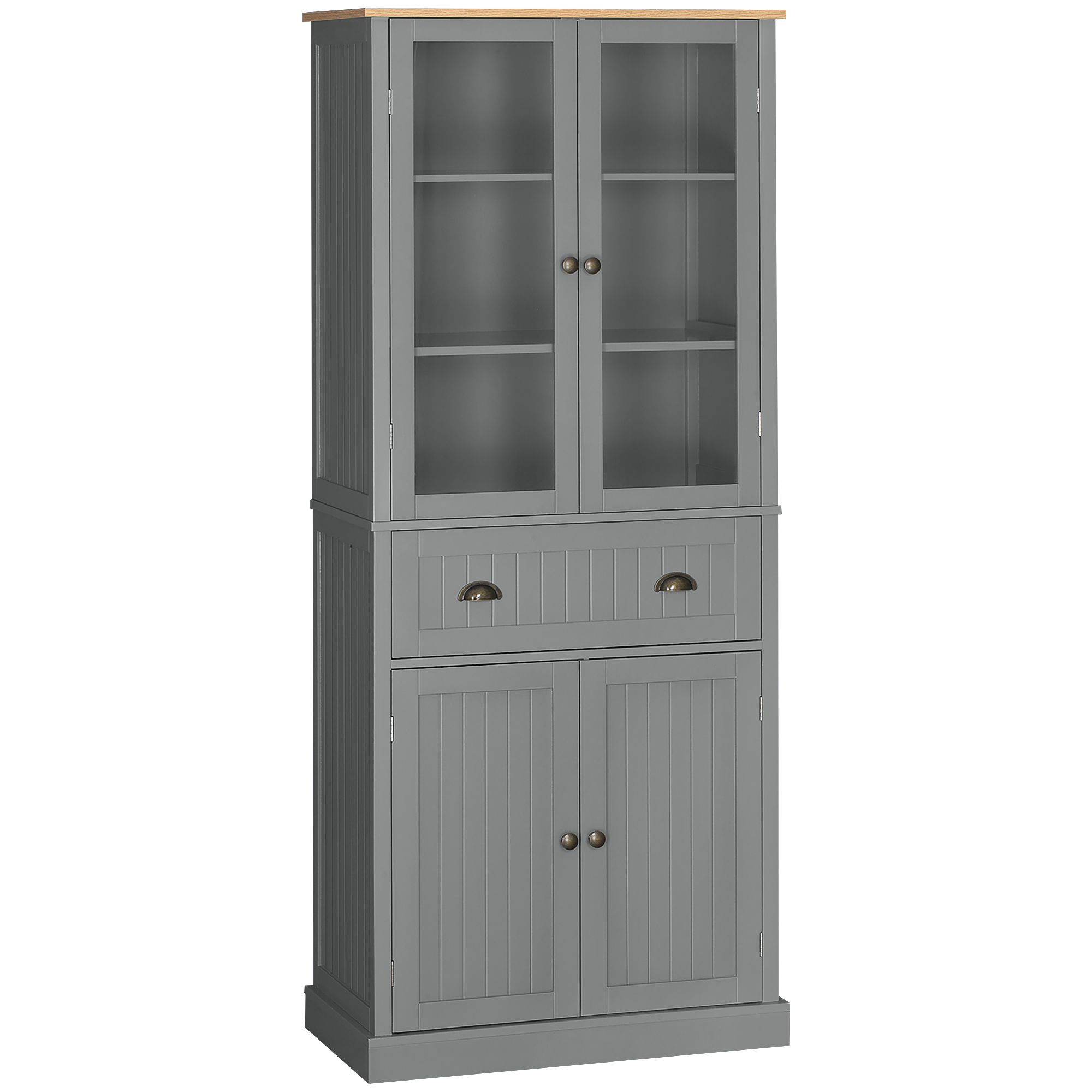 HOMCOM Buffet Küchenschrank Aufbewahrung 4 Türen, davon 2 Glastüren + 1 Schublade, Höhe 182,5 cm, mit verstellbaren Einlegeböden - grau Aosom