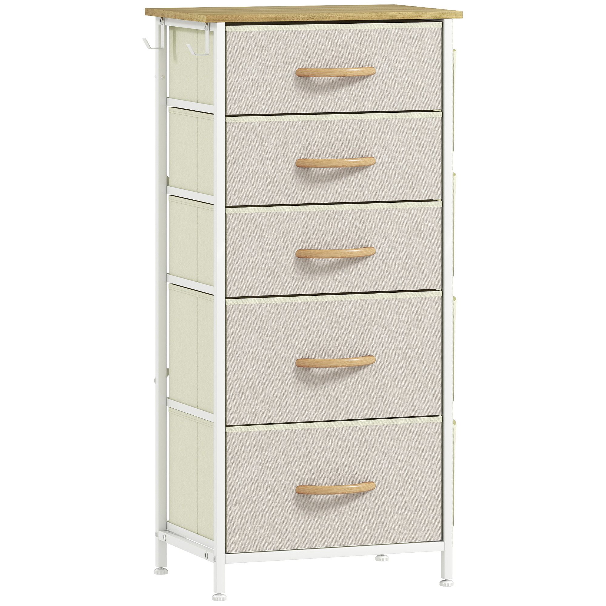 HOMCOM Kommode Schrank mit 5 Schubladen aus Vliesstoff Aufbewahrungsschrank Schubladenschrank mit Haken, Seitentasche, Stahlrahmen, Modern Sideboard für Schlafzimmer, Wohnzimmer Beige Aosom