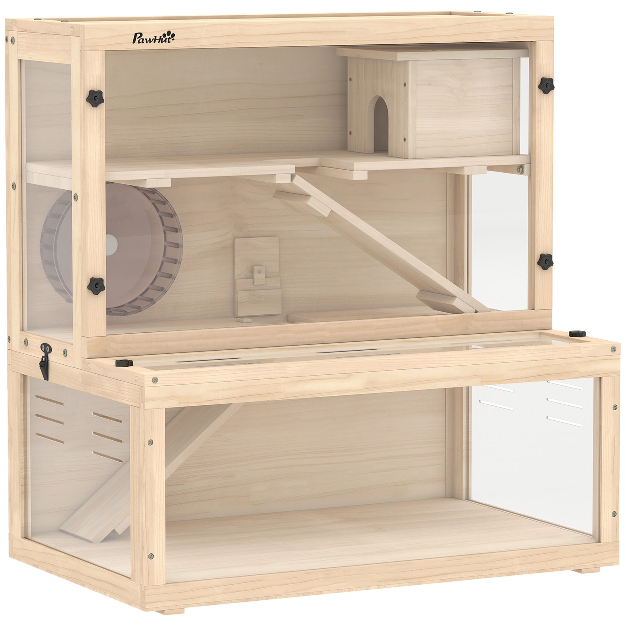 Pawhut Natural Wood Finish Wooden Hamster Cage With Hut, Wheel, Ramps, Removable Viewing Panels, 80 X 50 X 84 Cm, Natural