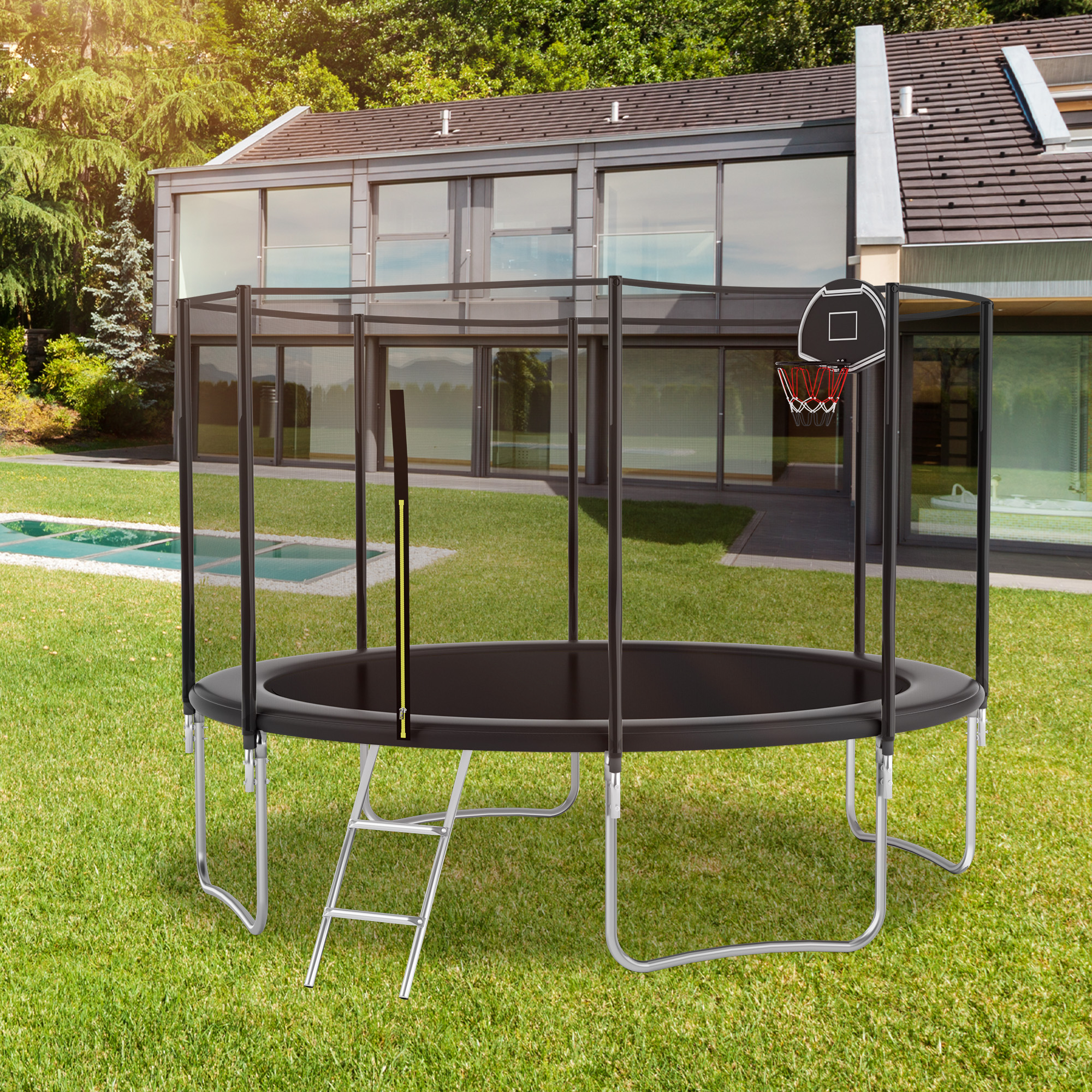 Outdoor Trampoline with Basketball Hoop and Safety Net, Heavy Duty Rebounder with Weatherproof Steel Frame, 366L x 366W x 76H cm, Black   Aosom UK