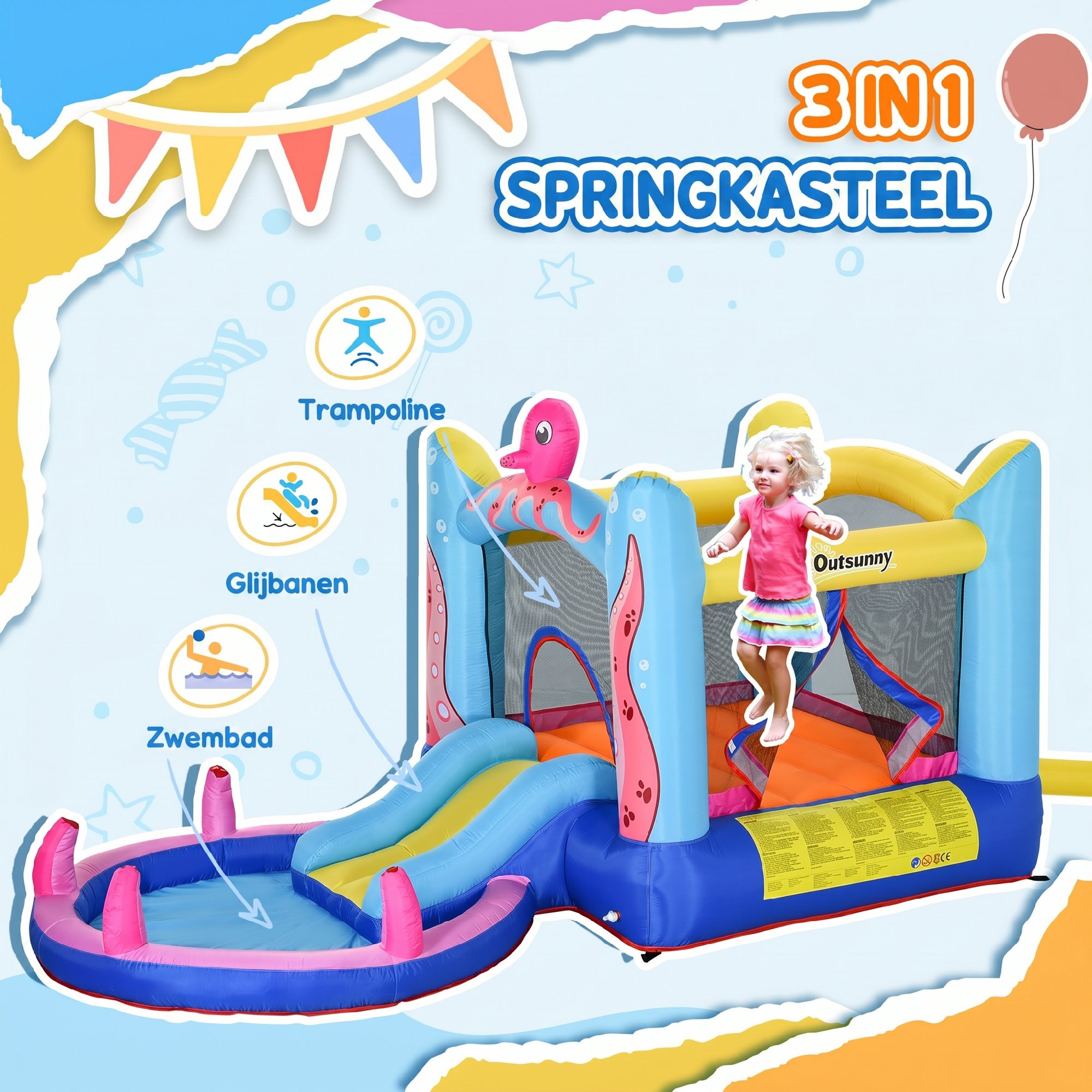 Outsunny opblaasbaar springkasteel, met elektrische pomp, voor 2 kinderen, veilig en kleurrijk, 360 x 175 x 180 cm, octopus ontwerp | Aosom.nl