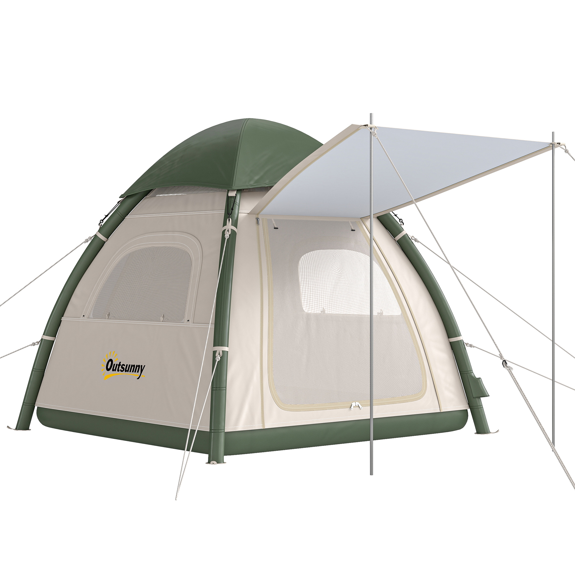 Outsunny Beige Inflatable Camping Tent With Rainfly, 3 Man Air Tent 3000Mm Waterproof Blow Up Tents,