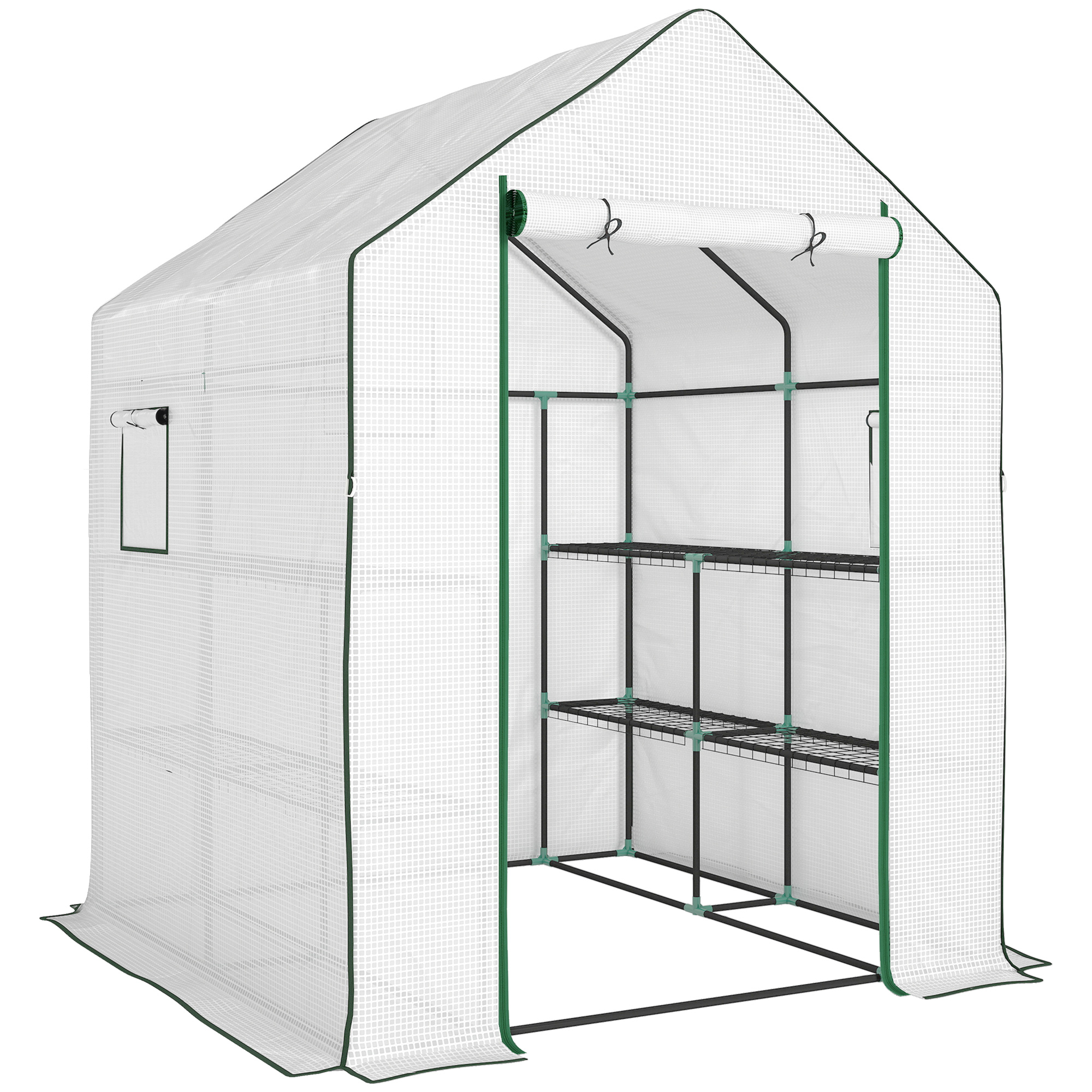 Outsunny Invernadero de Exterior con 6 Estantes Puerta Enrollable Cubierta de PE y Marco de Acero 140x143x190 cm Blanco