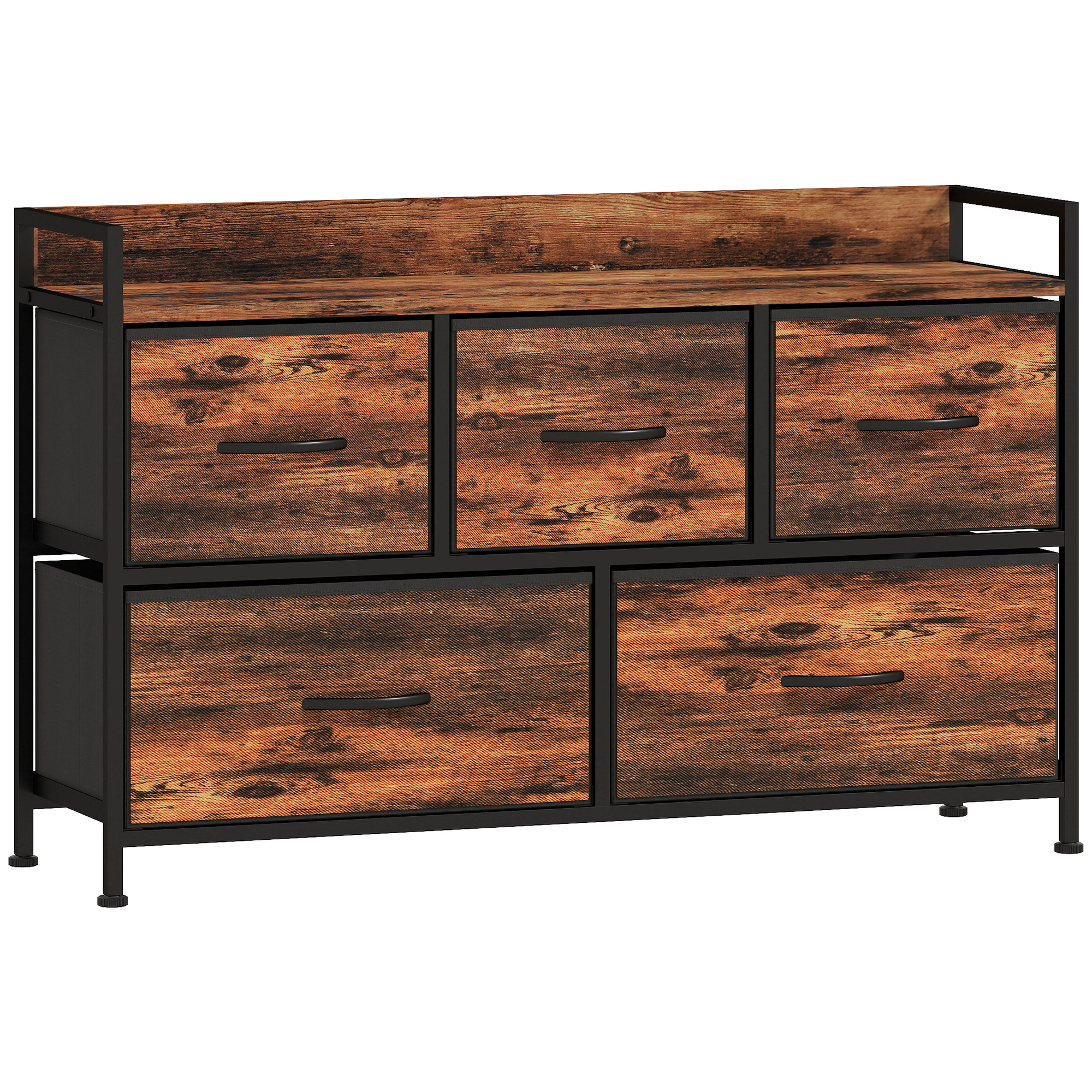 HOMCOM Kommode mit 5 Schubladen aus Stoff Kommodenschrank Aufbewahrungsschrank mit Stahlgestell, Industrie-Design für Schlafzimmer, Wohnzimmer Rustikal-Braun Aosom