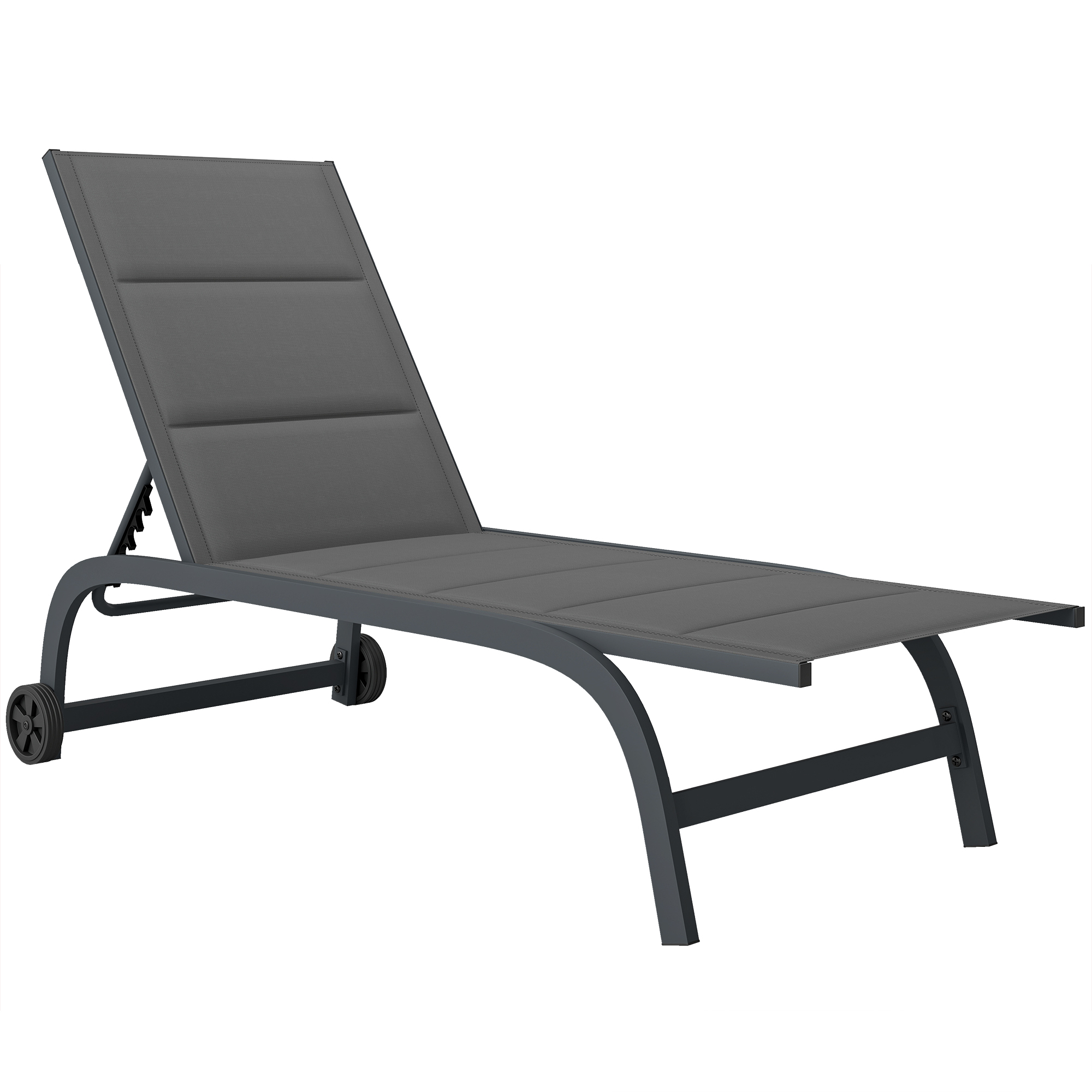 Outsunny Sonnenliege Atmungsaktive Gartenliege mit 6-fach Verstellbar Rückenlehne Rädern Aluminiumrahmen, gepolsterter Liegestuhl bis 120 kg Relaxliege Gartenmöbel für Garten Terrasse Pool Dunkelgrau Aosom