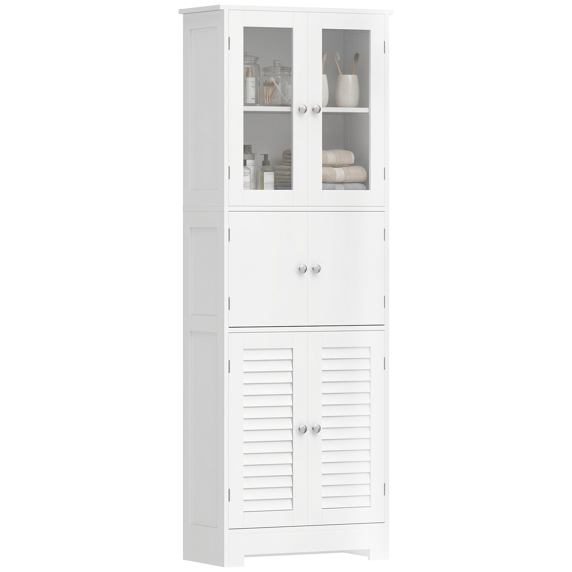 HOMCOM Meuble de salle de bain haut, meuble de rangement avec 6 portes dont 2 vitrées et 2 persiennes, étagère réglable, blanc