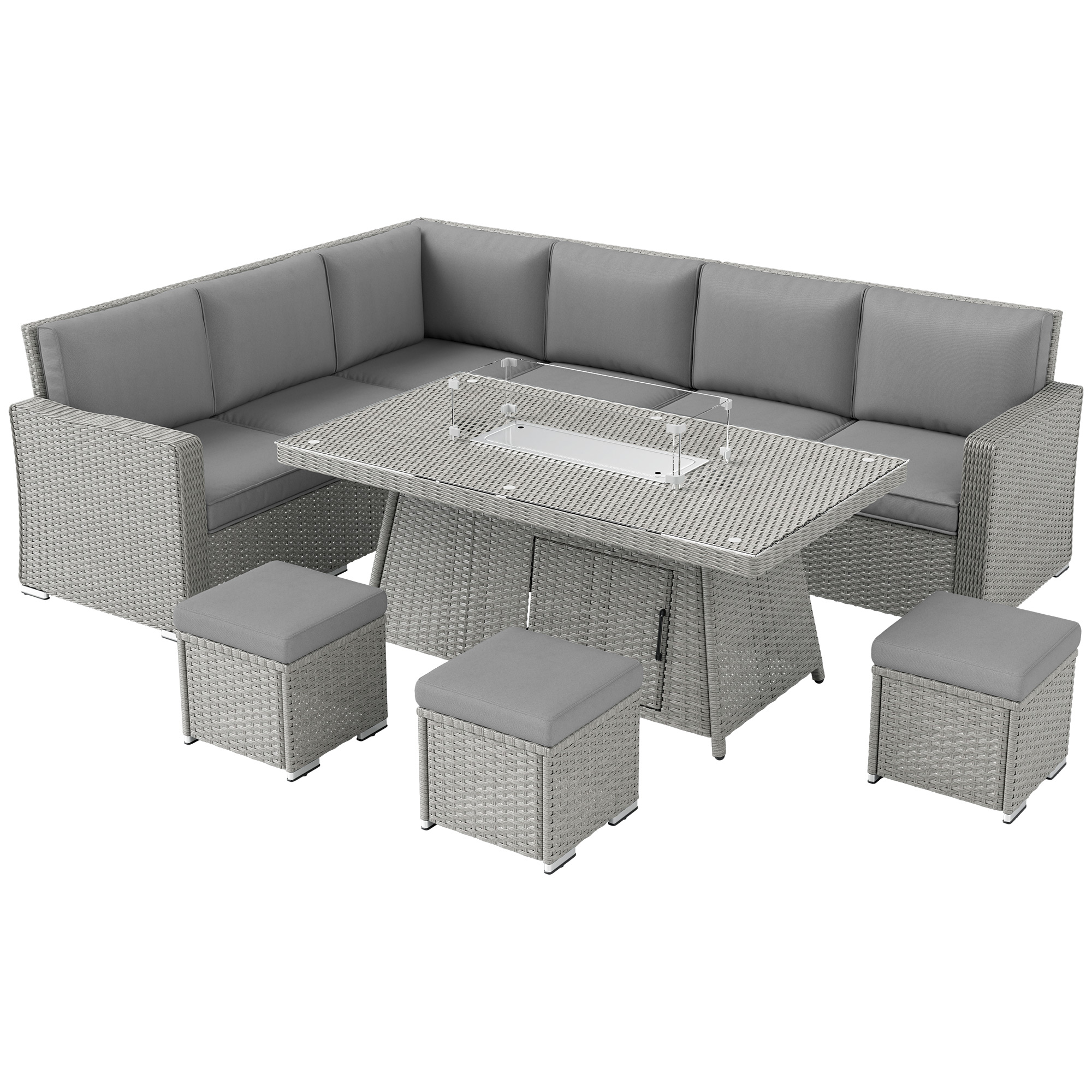 Outsunny 7 Pieces PE Rattan Garden Furniture Set, 50,000 BTU Gas Fire Pit Table, Double Corner Sofa and 3 Footstools for Conservatory, Grey
