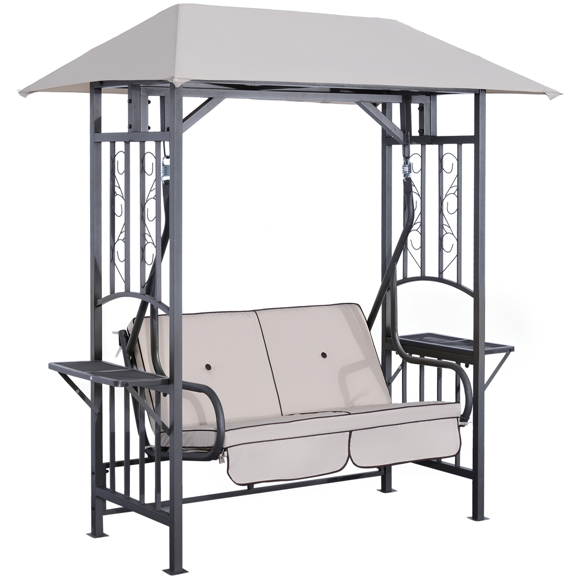 Outsunny Beige Outdoor Garden 2 Seater Canopy Swing Chair Seat Porch Loveseat Vintage Hammock Cushioned Seat W/ And Side Drink Panel