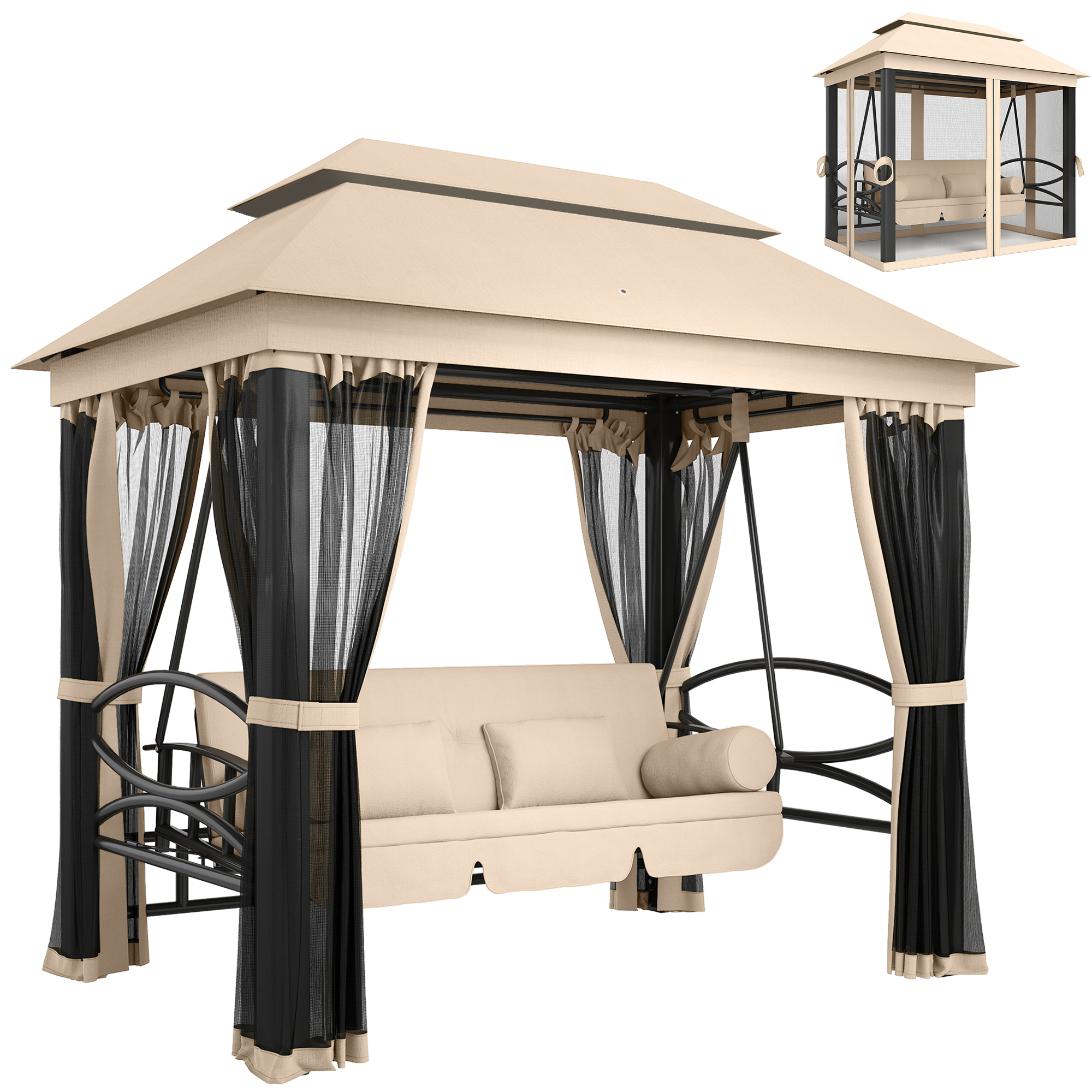 Outsunny 3 Seater Swing Chair 3-in-1 Convertible Hammock Bed Gazebo Patio Bench Outdoor with Double Tier Canopy, Cushioned Seat, Mesh Sidewalls, Beige