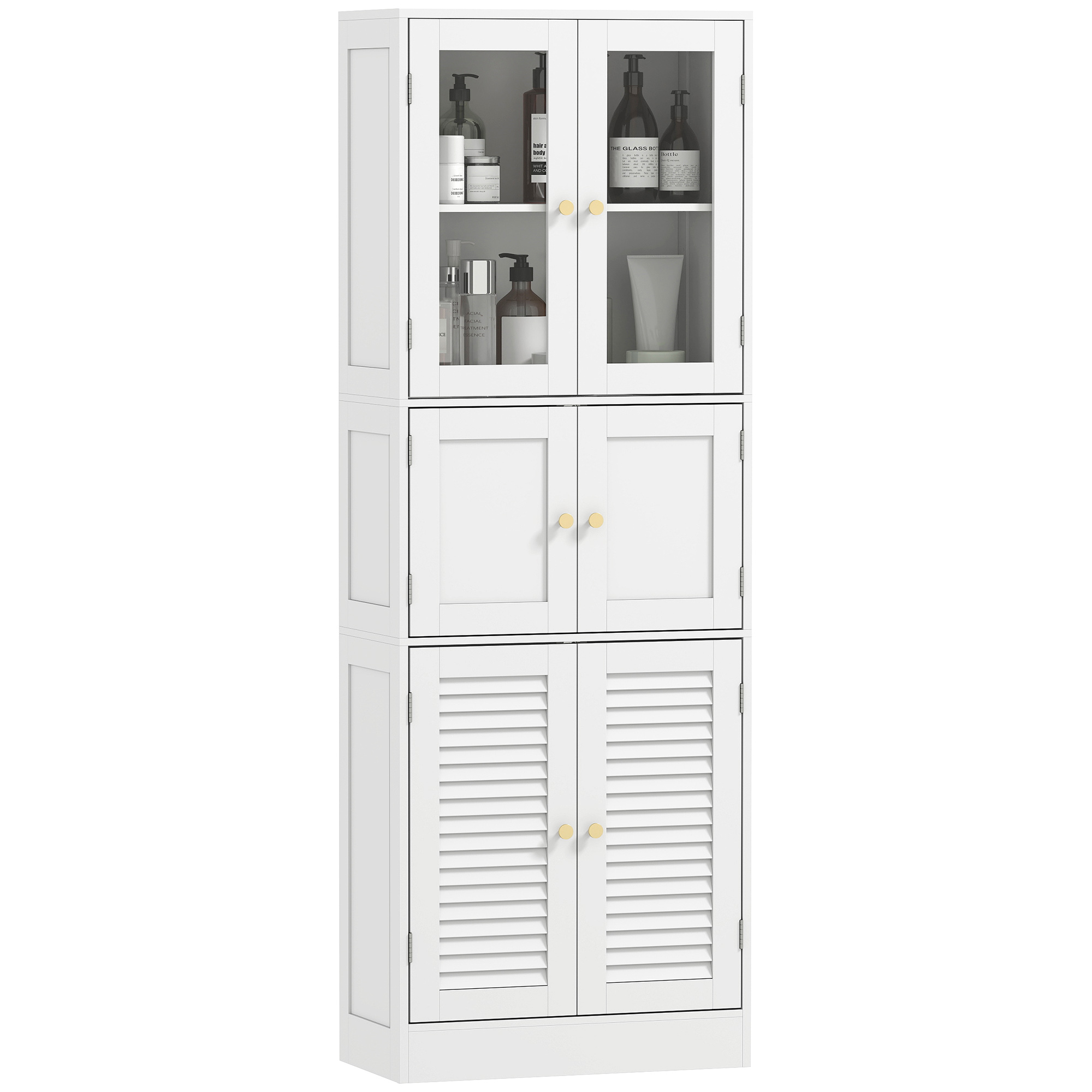 HOMCOM Meuble de salle de bain haut, meuble de rangement avec 6 portes dont 2 vitrées et 2 persiennes, étagère réglable, blanc