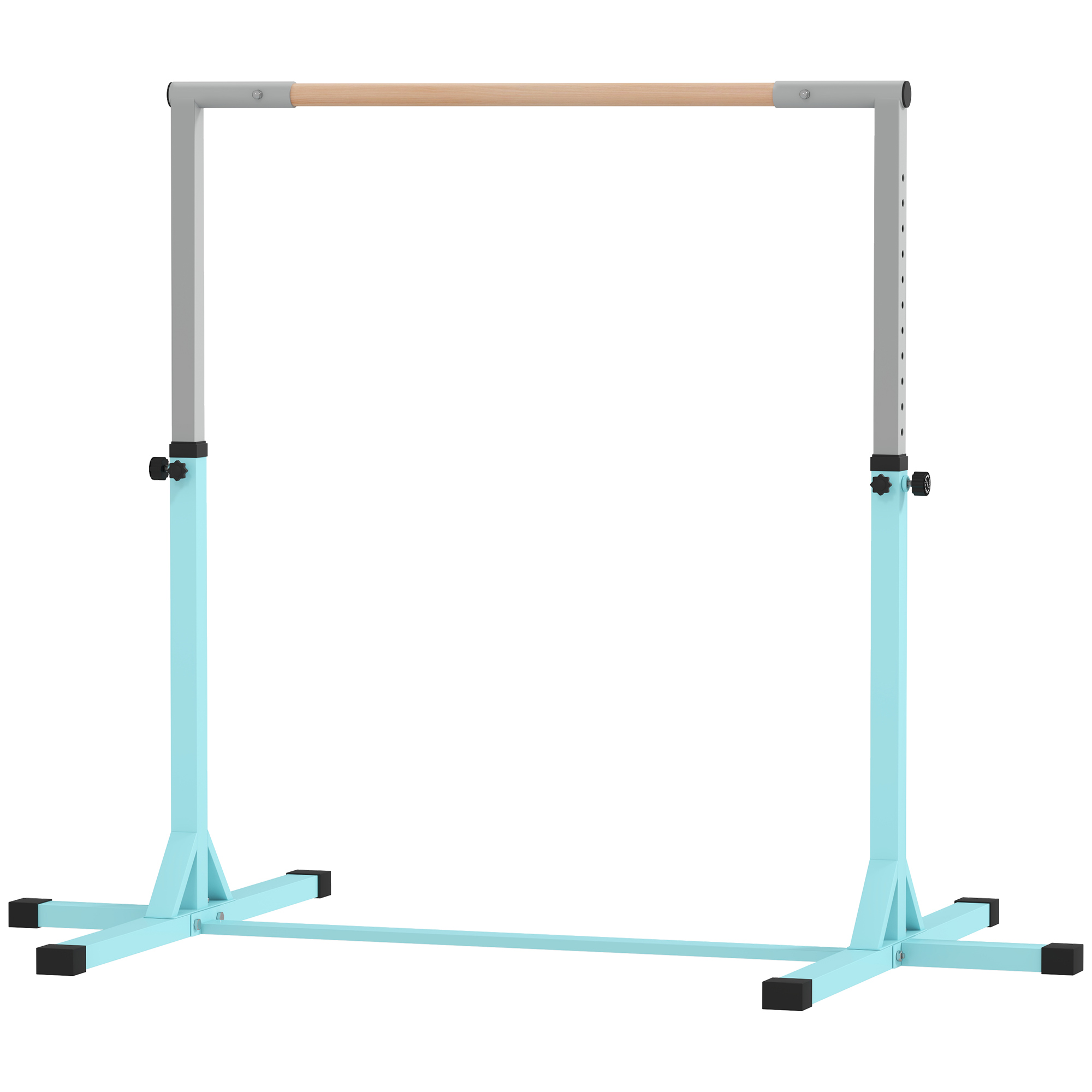 HOMCOM Barre fixe de gymnastique pour enfant, hauteur réglable 13 niveaux de 92-150 cm, en acier et bois en hêtre, cyan