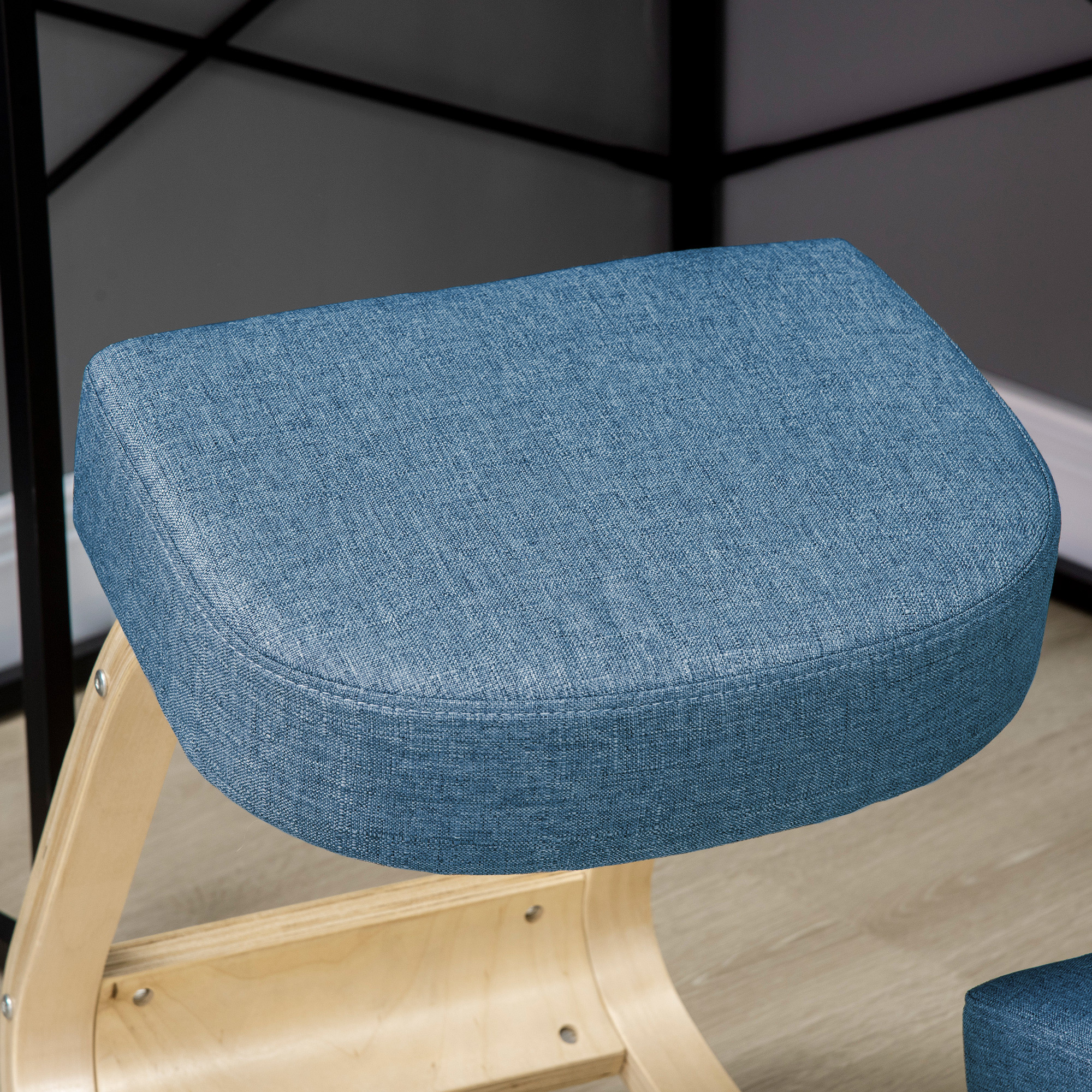 Põlvitustooli, ergonoomiline taburet, polsterdatud taburet tervisliku rühi jaoks, kasepuit, kandevõime 120 kg, sinine