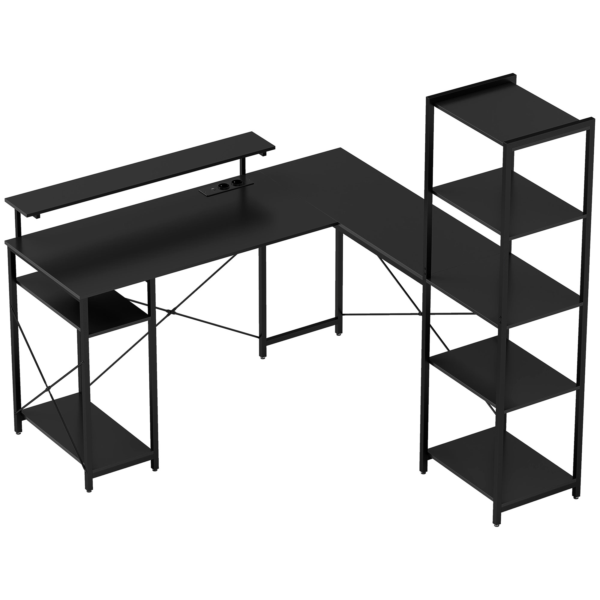 HOMCOM L-vormig bureau met oplaadstation, hoekcomputertafel met monitorstandaard en planken, voor thuiskantoor, kantoor, zwart