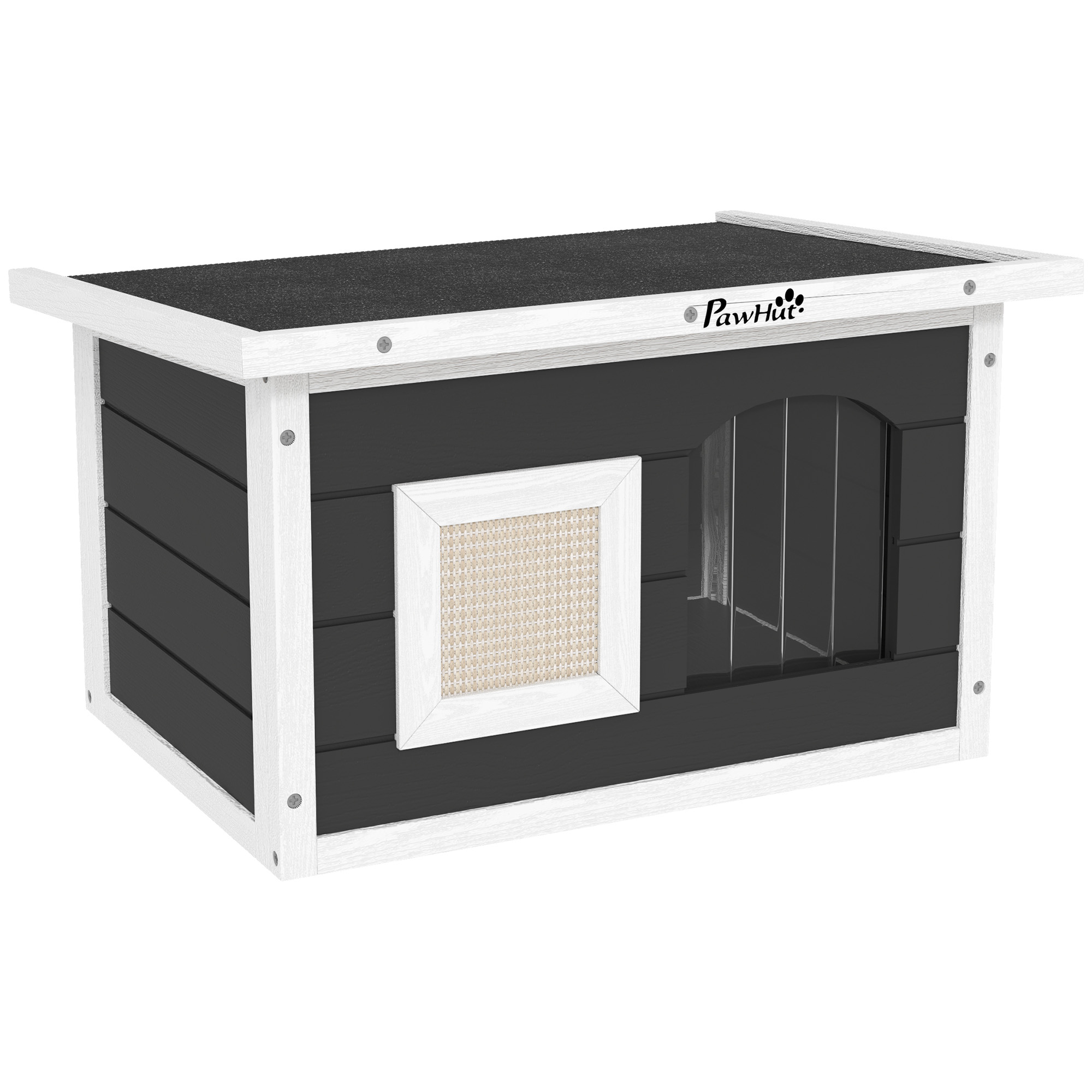 PawHut Houten Kattenhuis met Krabmat en Luikdeur 61x45x36.5 cm Opklapbaar Dak Weerbestendig Geschikt voor Binnen en Buiten Sparrenhout | Aosom.nl