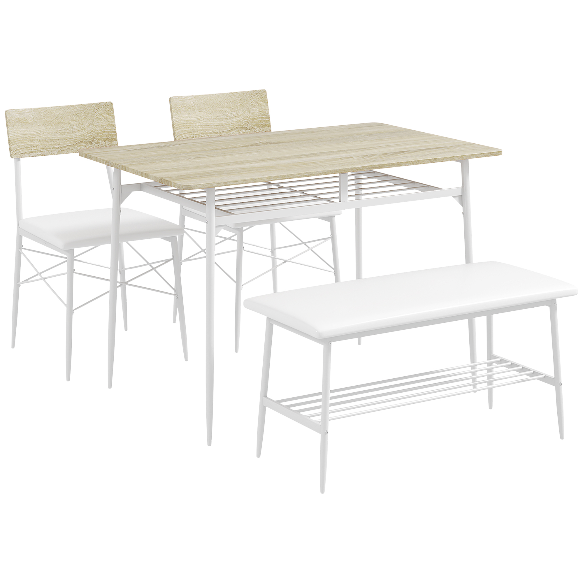 HOMCOM 4-Delige Eettafelset Met 2 Stoelen 1 Bank Gepolsterde Kunstleer Zittingen Staalframe Hout Wit 110x70cm Tafel | Aosom.nl