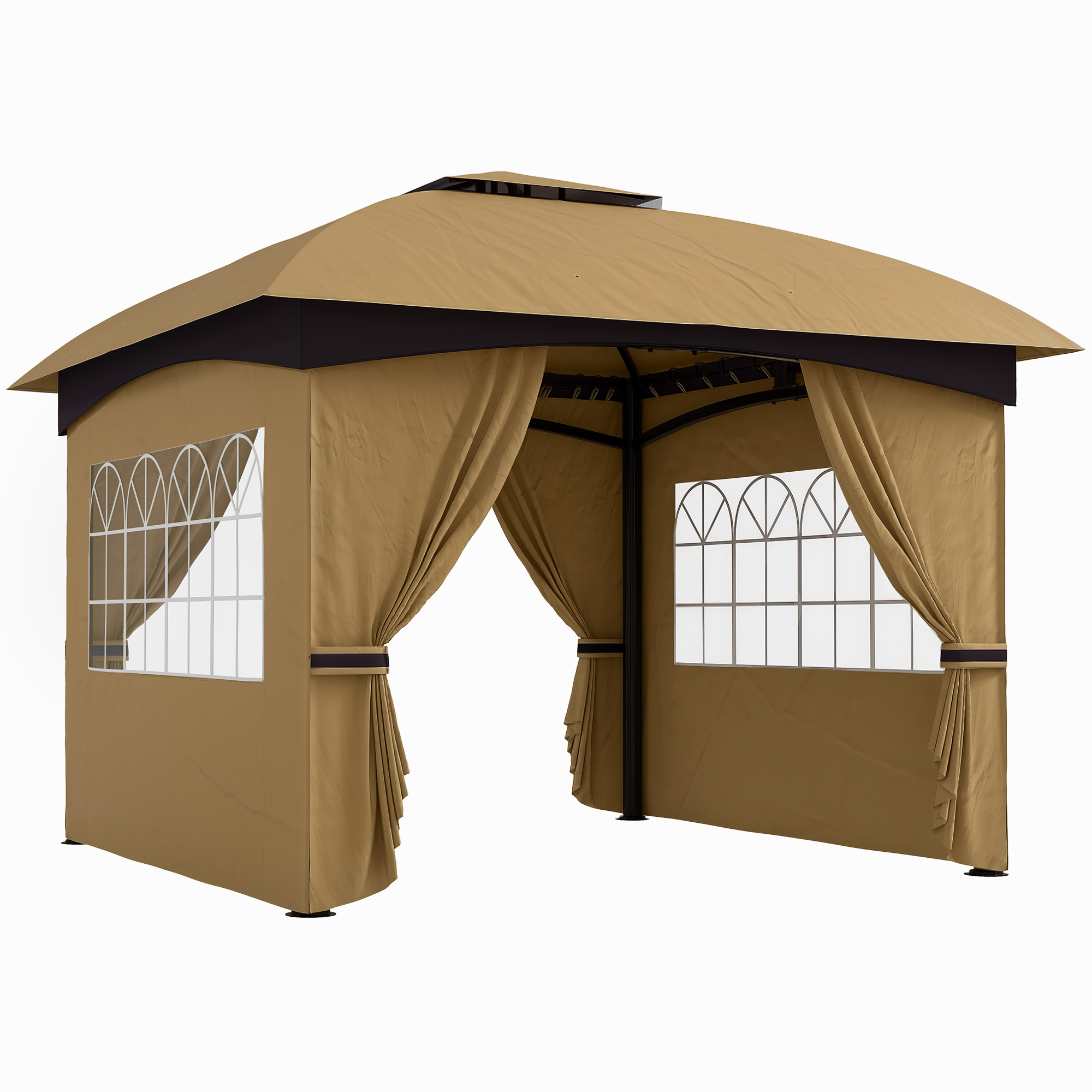 Outsunny 3,4 x 3,4 m tuinpaviljoen, biertent met ventilatiedak, boogramen, stalen frame, Beige
