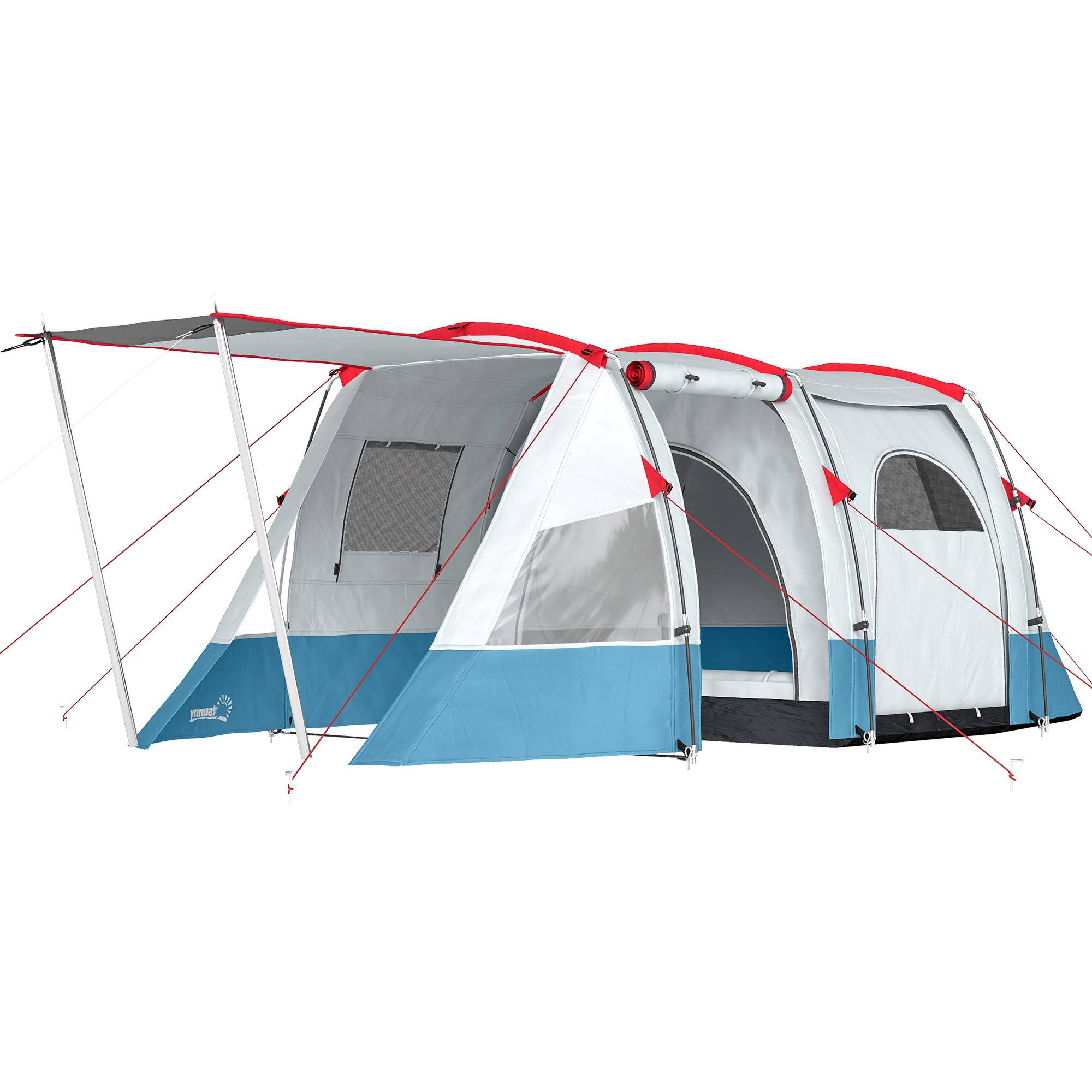 Outsunny 6-8 Person Tunnel Tent, Camping Tent with Bedroom, Living Room, Sewn-in Floor, 3 Doors and Carry Bag, 2000mm Water Column for Fishing, Blue
