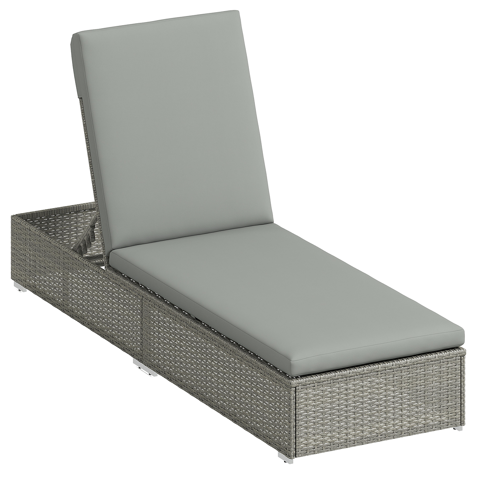 Outsunny Light Grey Rattan Sun Lounger, Five-Position Reclining Garden Lounger Bed With Cushion,
