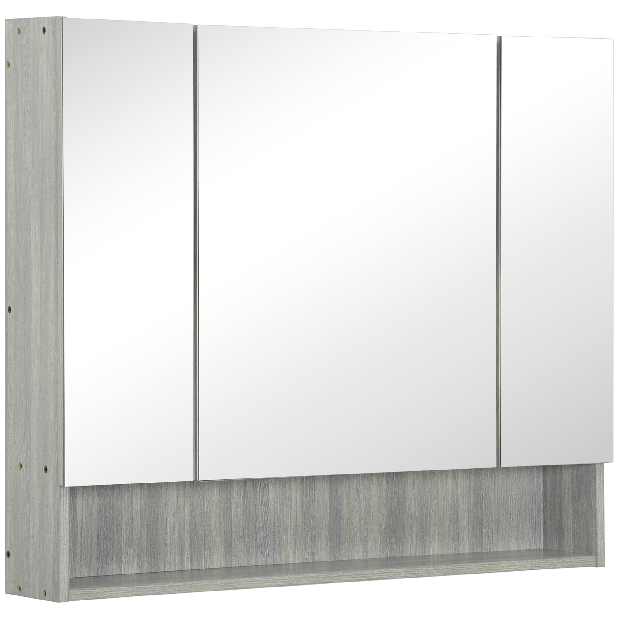 kleankin Dulap cu Oglindă cu 4 Secțiuni și Rafturi Reglabile Oglindă de Baie din Lemn și Sticlă 90x15x75 cm Gri | Aosom Romania