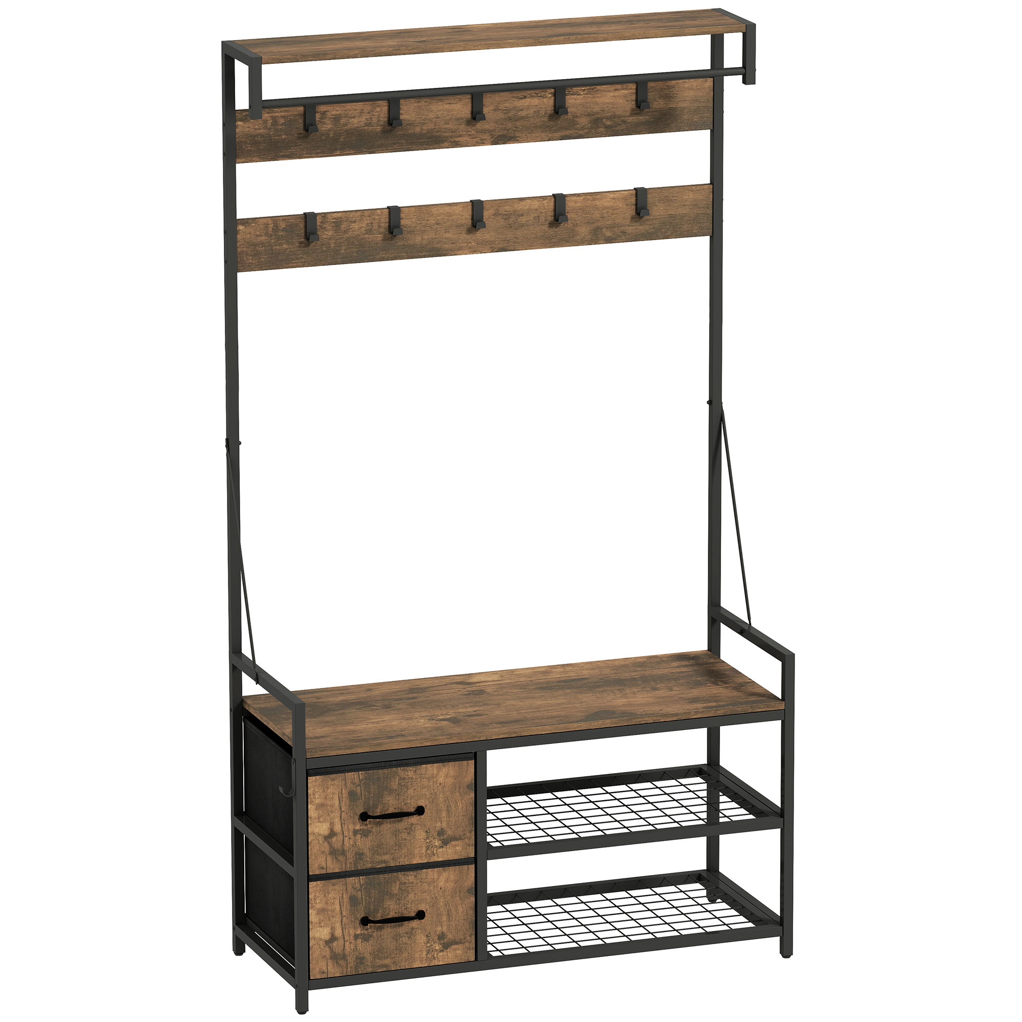 HOMCOM Garderobenständer mit Sitzbank, Kleiderständer mit 10 verstellbaren Haken, Schuhregal, Schublade, Metallrahmen, Industrie-Design für Flur, Wohnzimmer, Schlafzimmer, Rustikal Braun, Höhe 180 cm Aosom