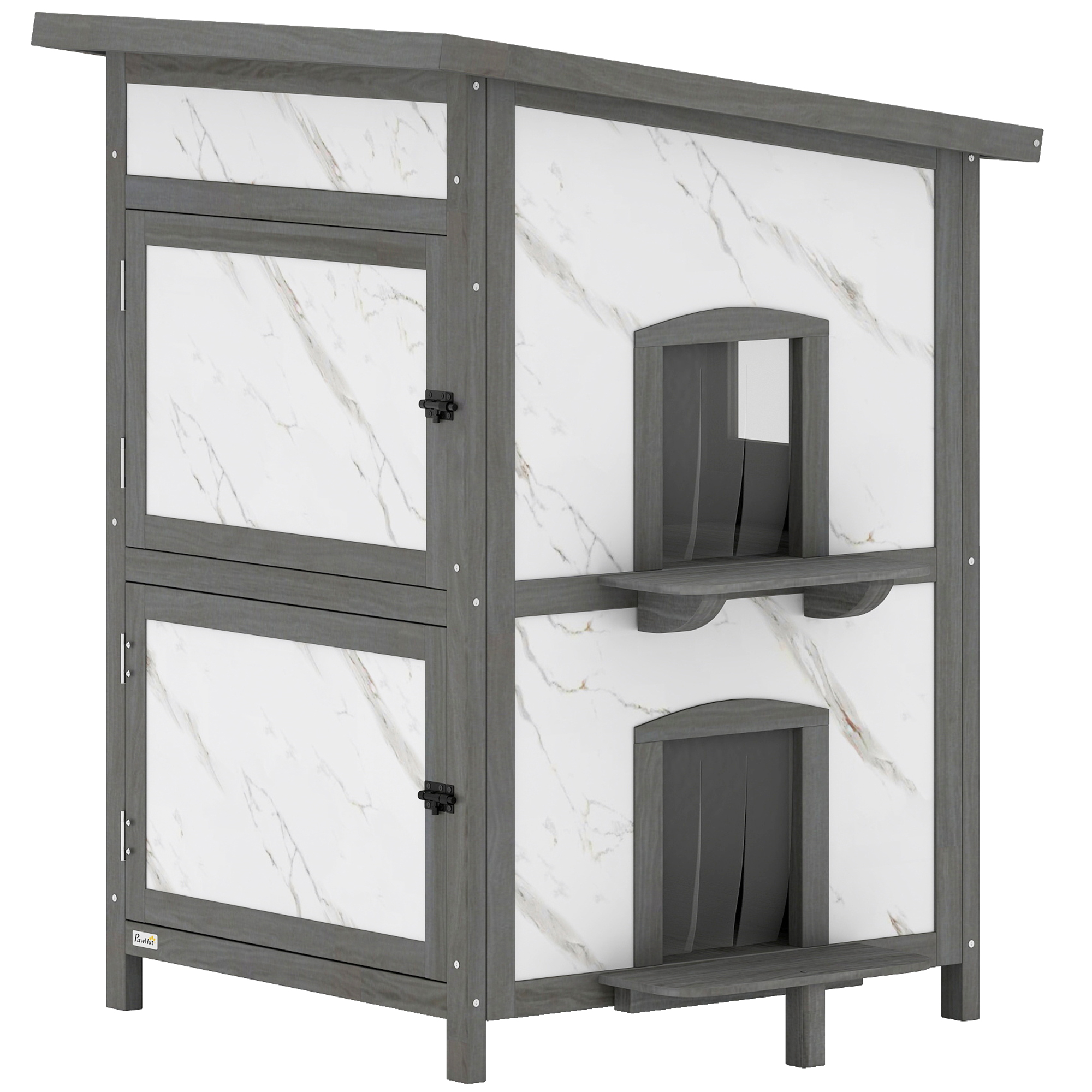 PawHut Katzenhaus aus Holz, 2-stöckiges Outdoor Isolierte Katzenhütte mit Fenster, mehreren Türen, wasserabweisend Dach, Katzenhöhle Katzenbox für Draußen, 60 x 60 x 88 cm, Weiß Aosom