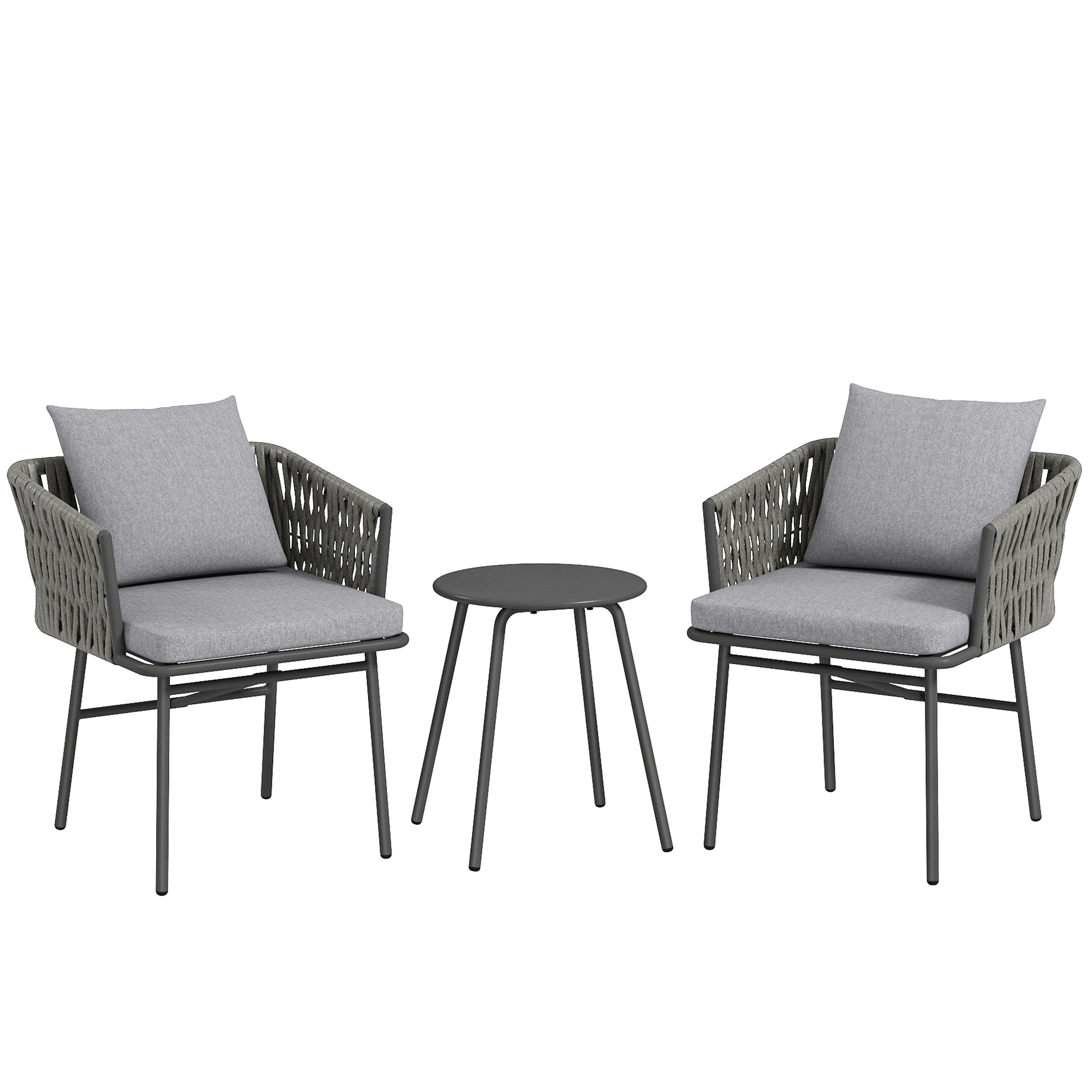 Outsunny 3-tlg. Rattan Bistroset, Sitzgruppe, Gartengarnitur mit 2 Gartensesseln, Couchtisch, abnehmbar Kissen, Balkonmöbel-Set für Garten, Terrasse, Stahl, Grau Aosom